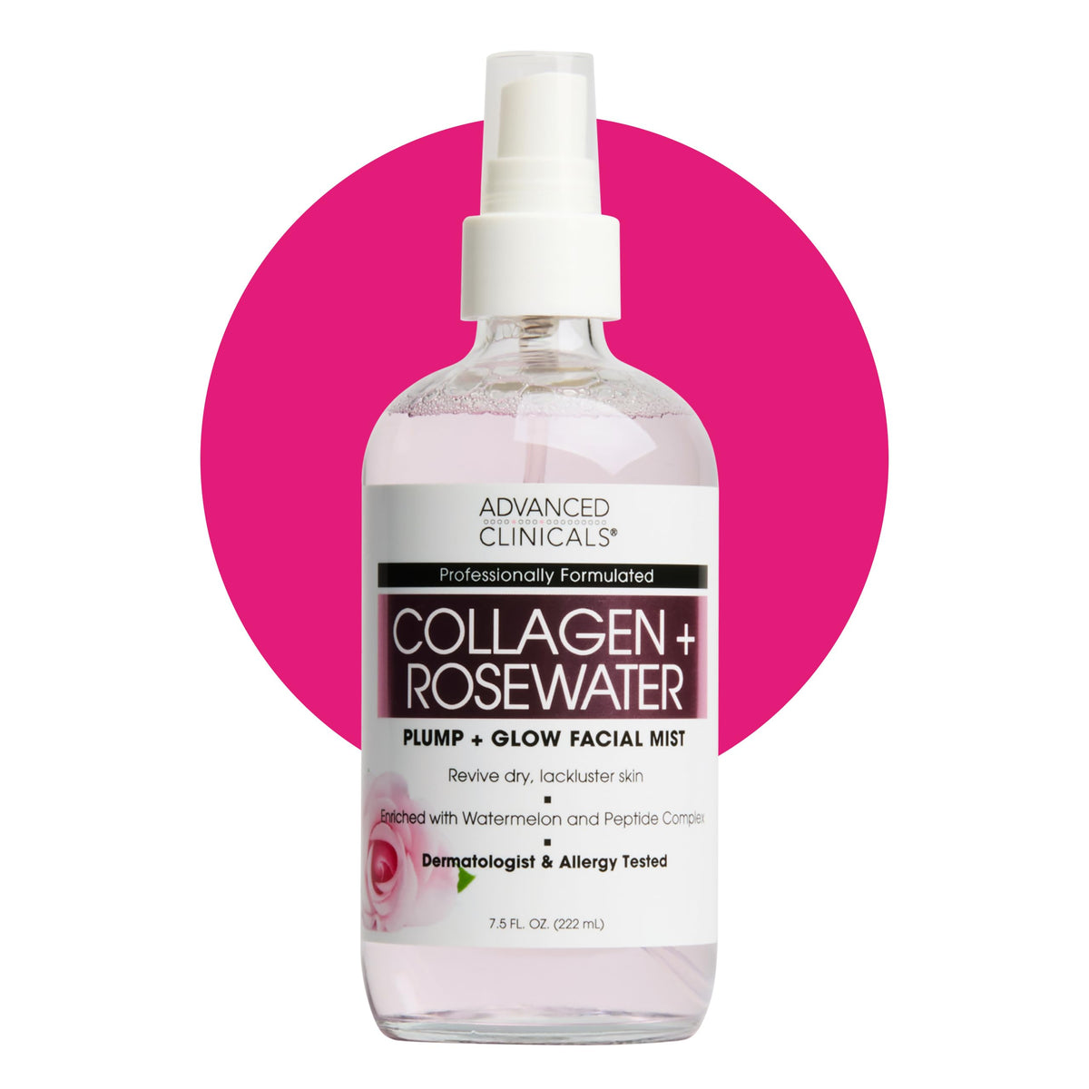 Advanced Clinicals bruma facial con colágeno y agua de rosas, botella lista para hidratación instantánea.