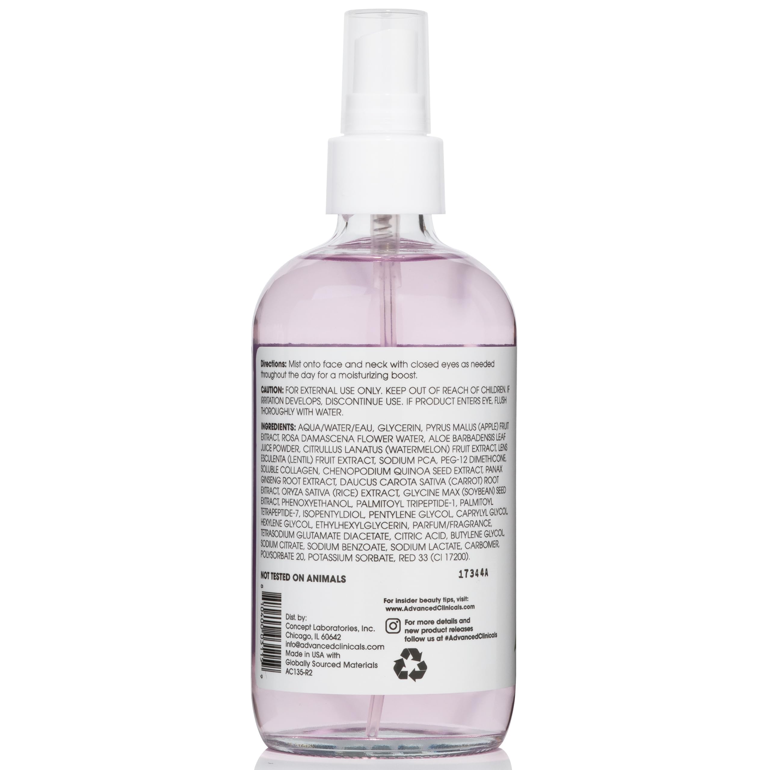 Advanced Clinicals bruma facial colágeno agua de rosas, resultado ligero y revitalizante.