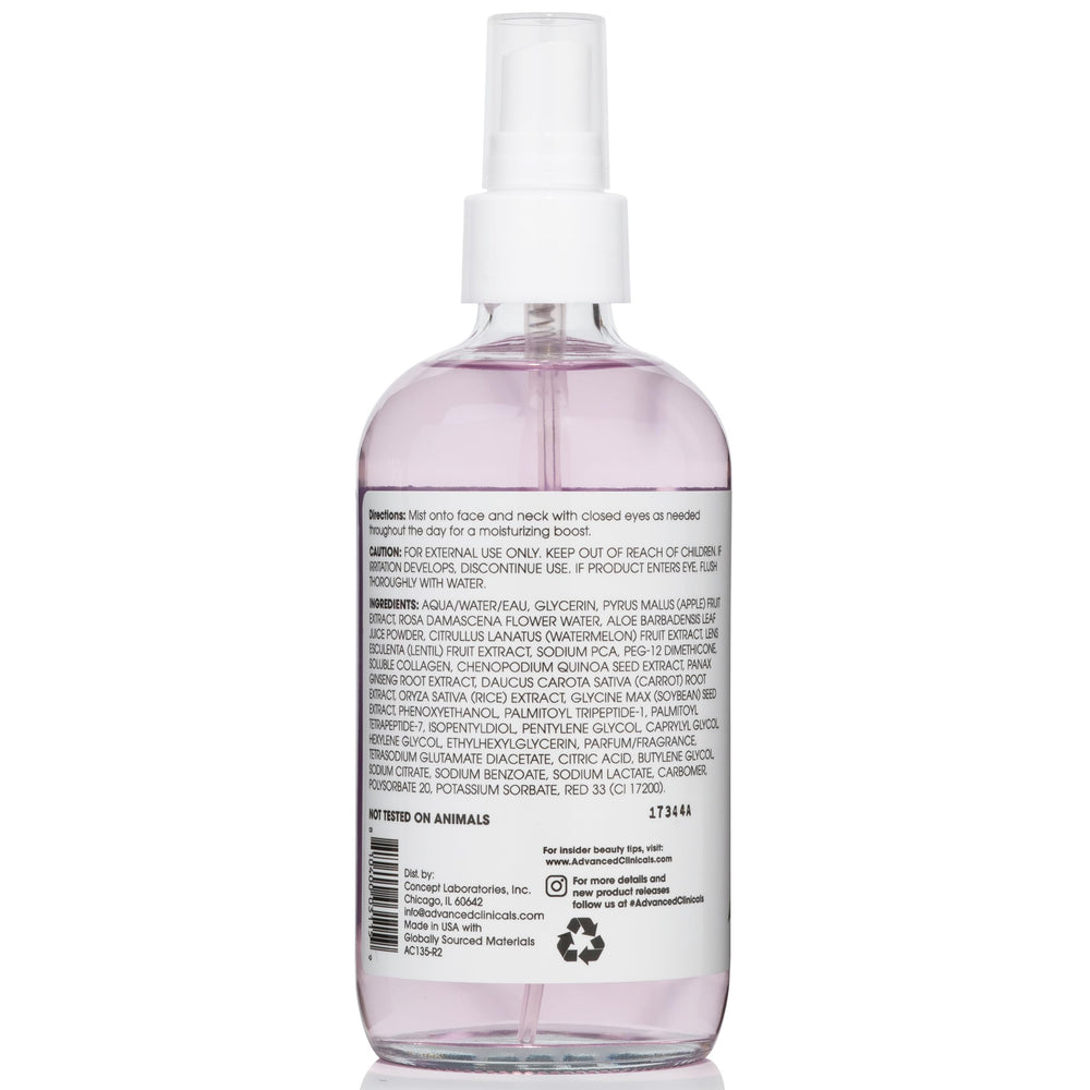 Advanced Clinicals bruma facial colágeno agua de rosas, resultado ligero y revitalizante.