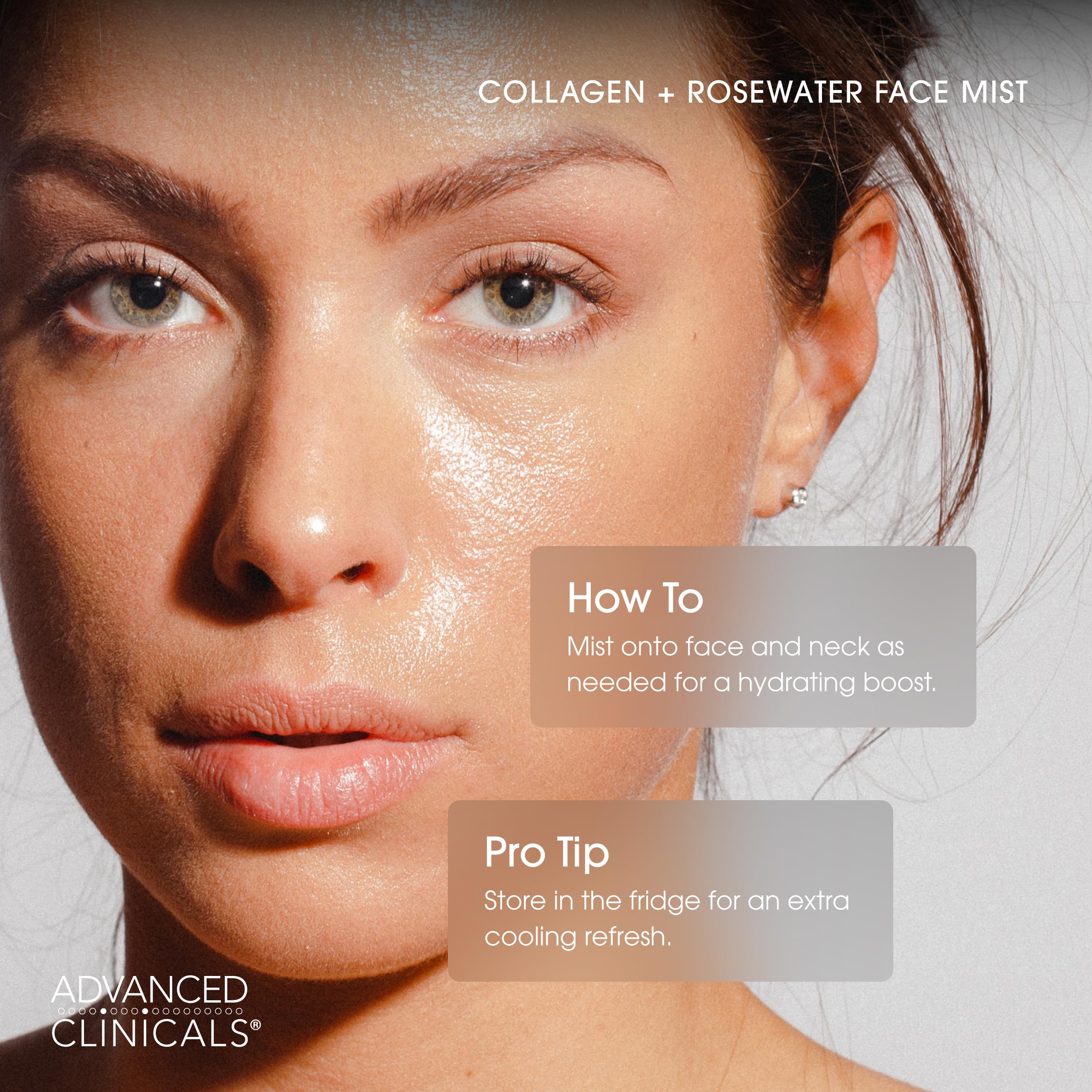 Advanced Clinicals bruma facial colágeno agua de rosas, ingredientes calmantes y reparadores.