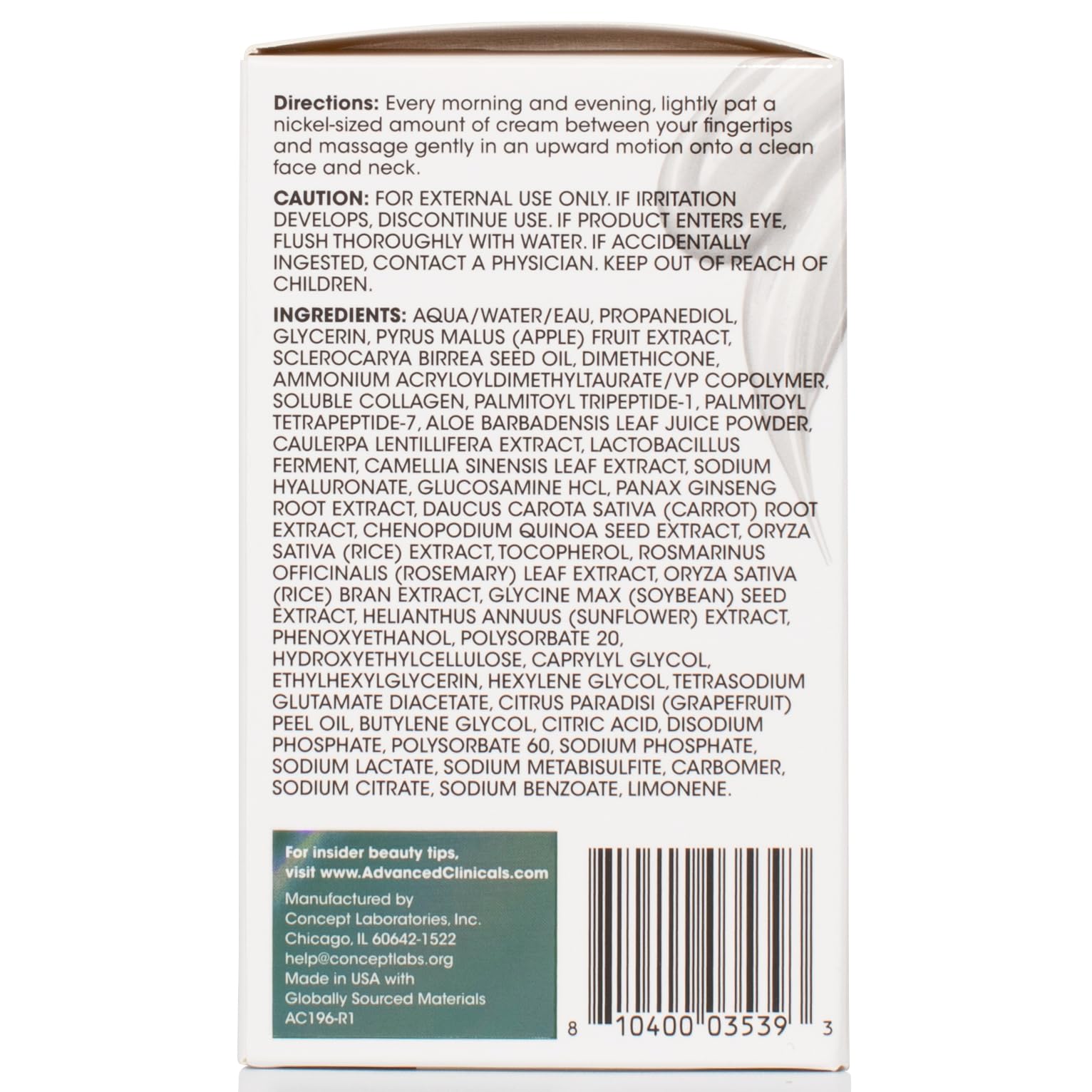 Advanced Clinicals Collagen Cream Gel aplicado en rostro, hidratación sostenida.