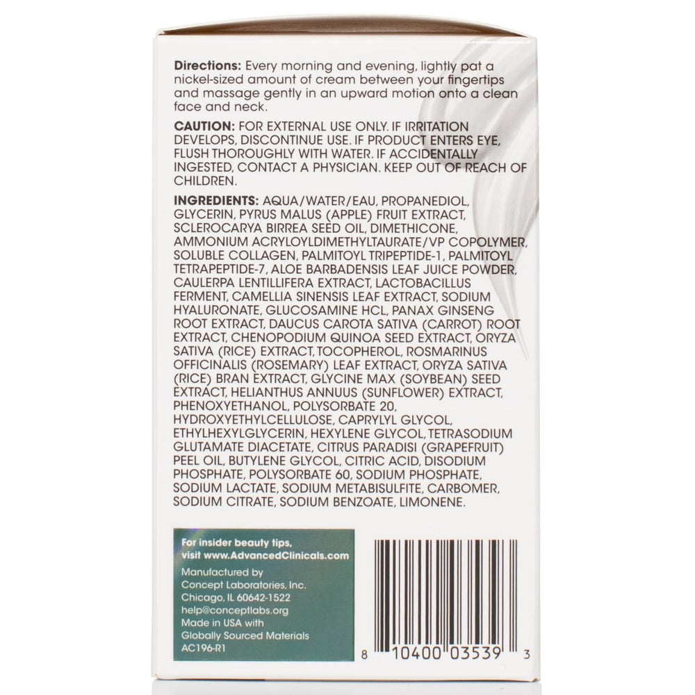 Advanced Clinicals Collagen Cream Gel aplicado en rostro, hidratación sostenida.