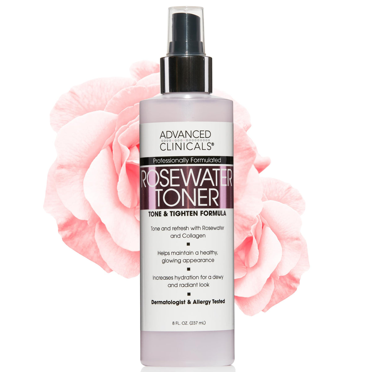 Advanced Clinicals collagen rosewater face mist bottle delivers hydrating glow.