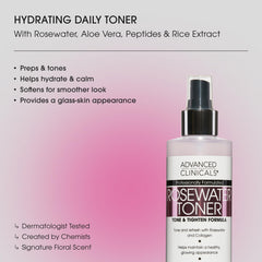 Advanced Clinicals collagen rosewater face mist spray application cools and refreshes skin.