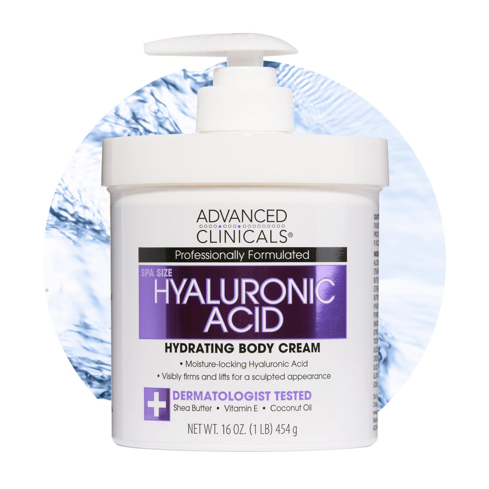 Advanced Clinicals crema corporal con ácido hialurónico, botella para hidratación profunda.