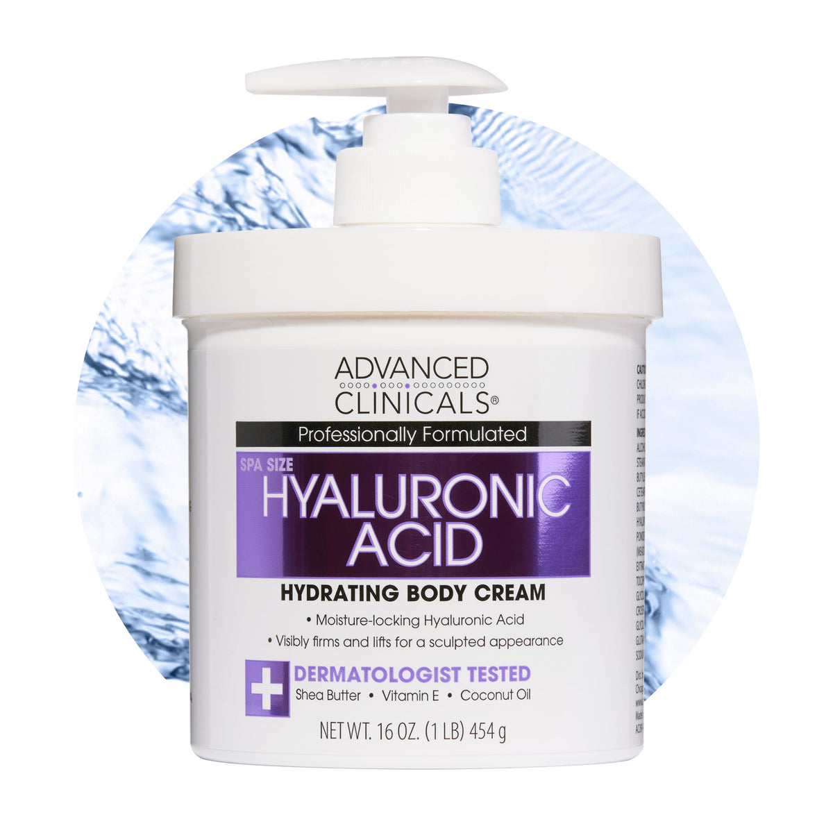 Advanced Clinicals crema corporal con ácido hialurónico, botella para hidratación profunda.