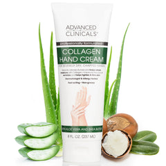 Advanced Clinicals crema de manos con colágeno, bote 8 oz para hidratación rápida.