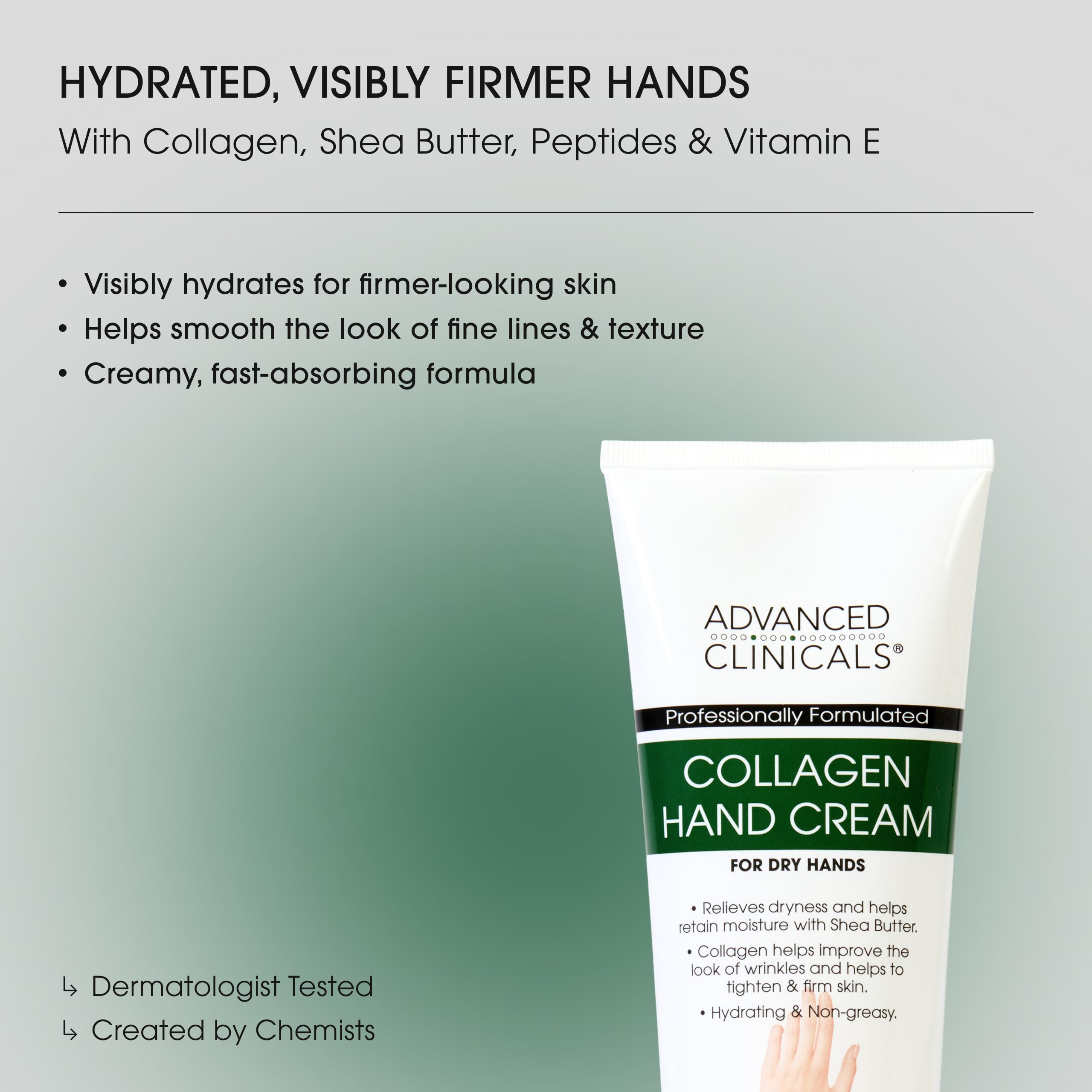 Advanced Clinicals crema de manos con colágeno, textura no grasa para uso diario.