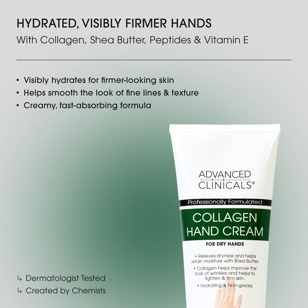 Advanced Clinicals crema de manos con colágeno, textura no grasa para uso diario.