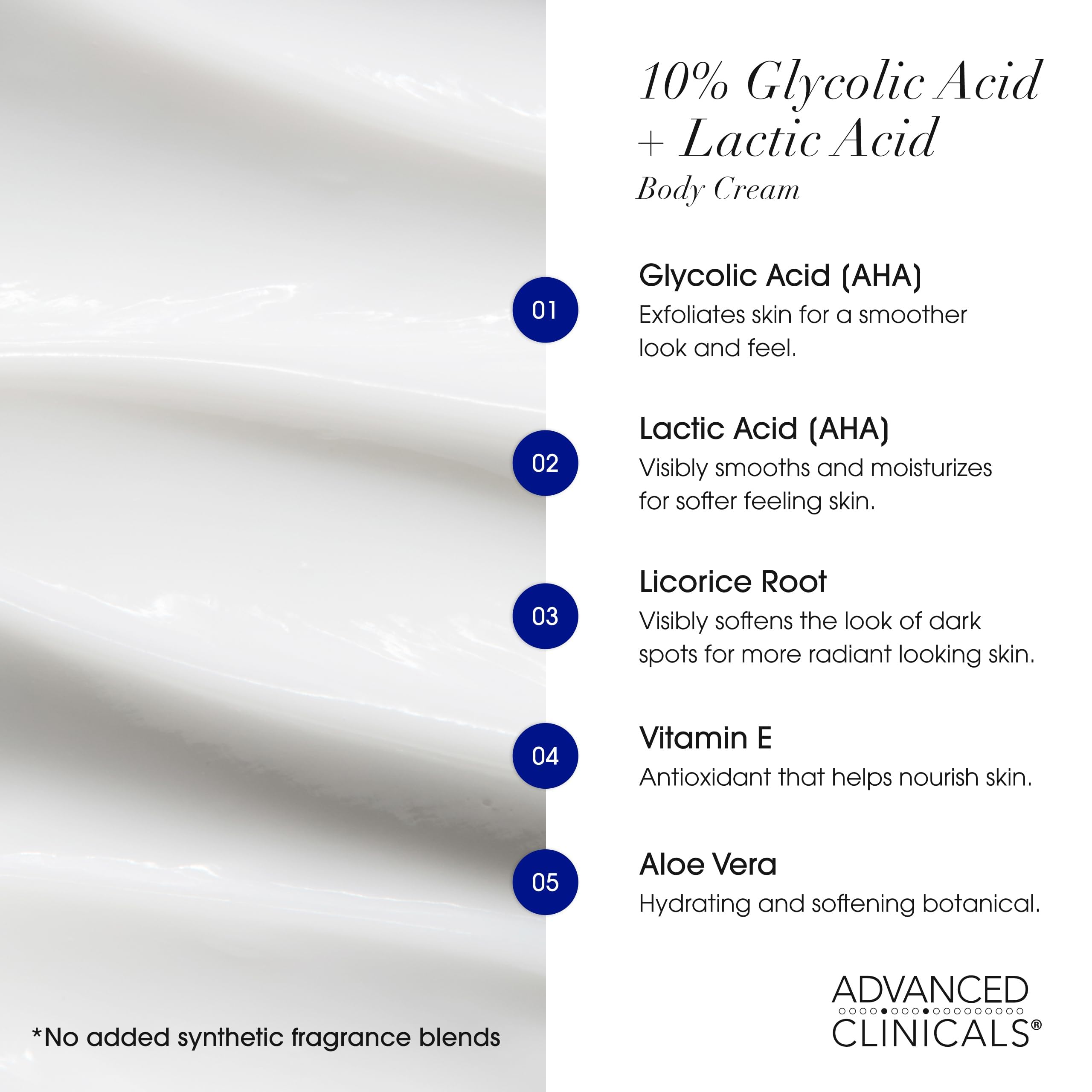 Advanced Clinicals hyaluronic acid ingredient label underscores deep hydration benefits.