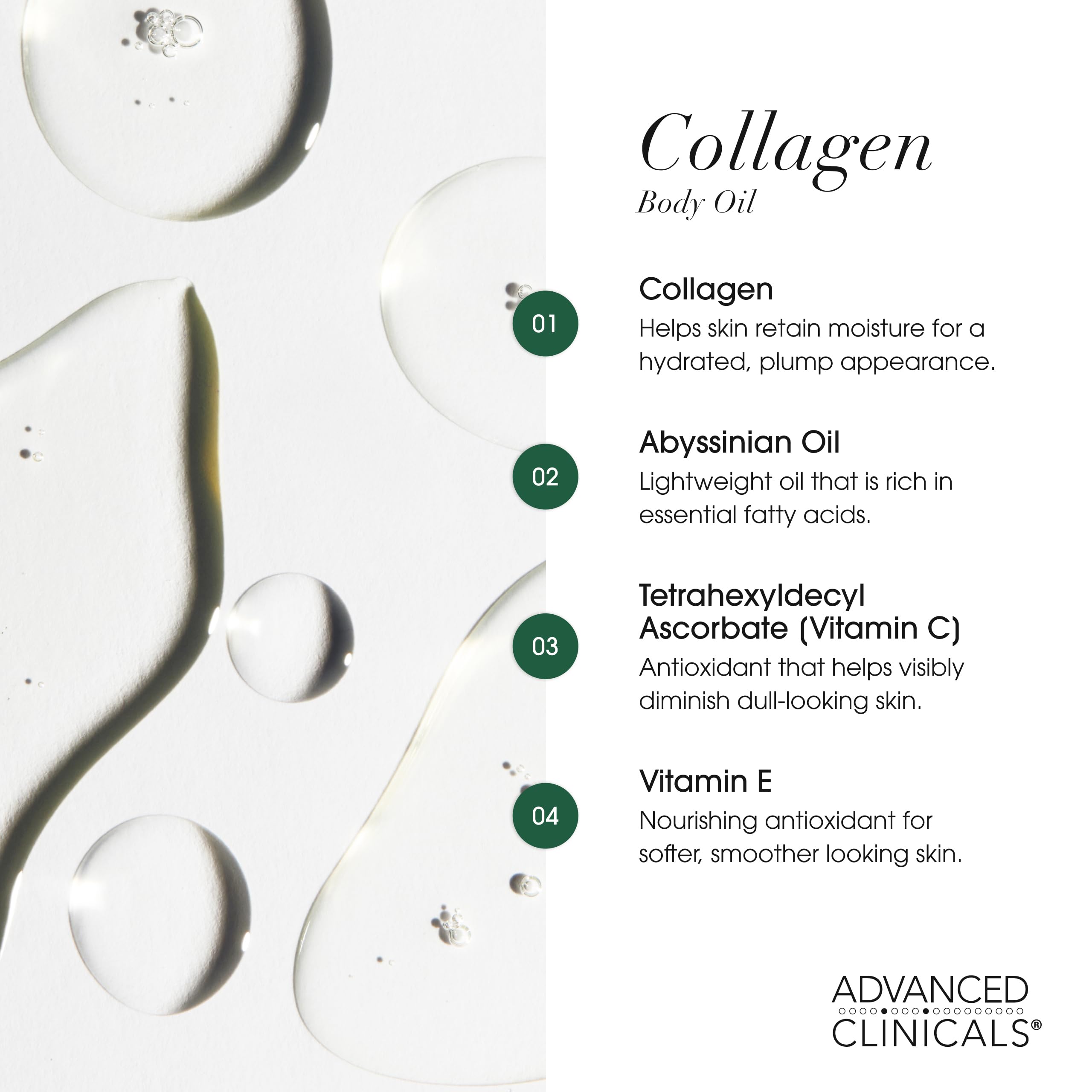 Advanced Clinicals Hydrating Collagen Oil texture close-up showing lightweight feel.