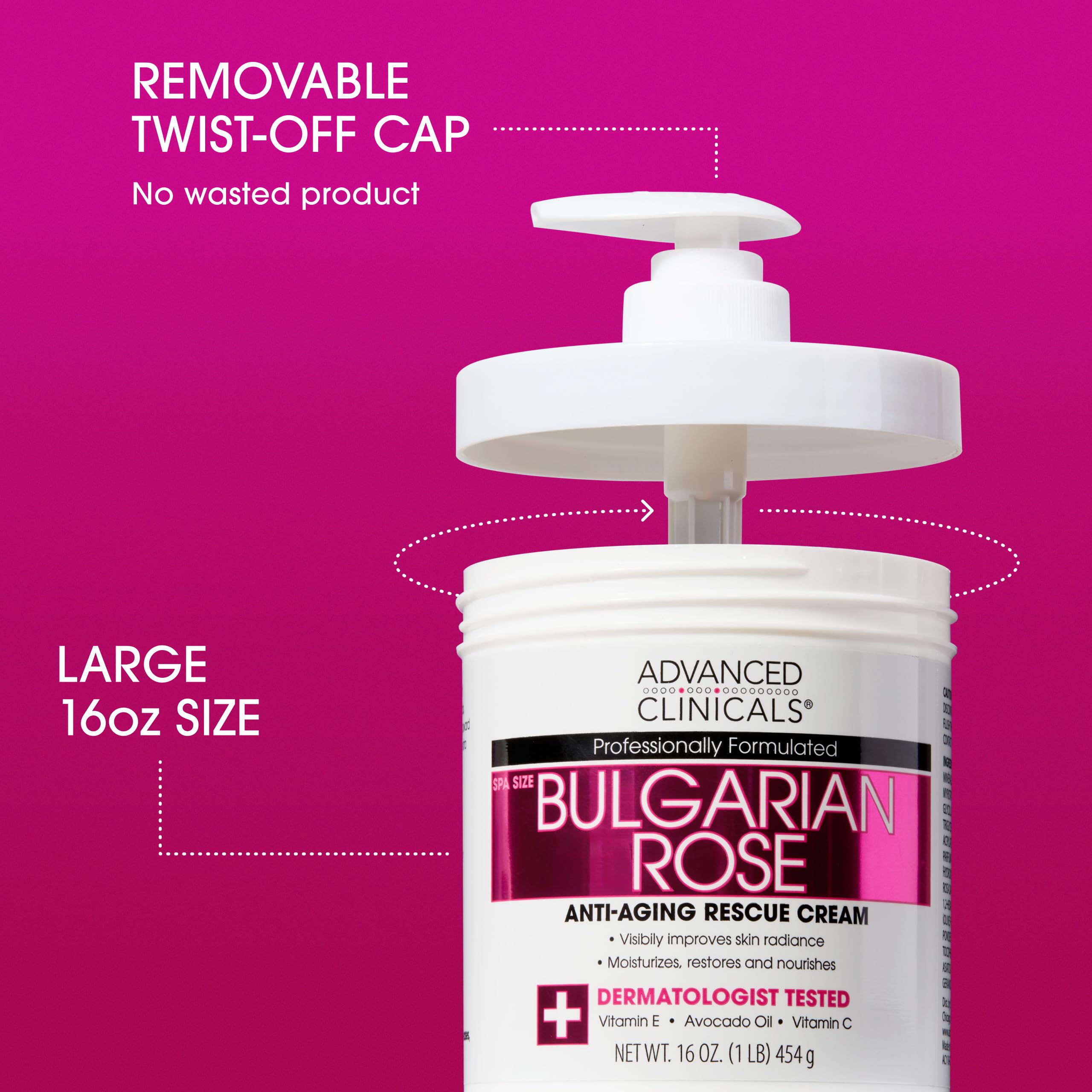 Aplicación en la palma de la loción rosa bulgara de Advanced Clinicals