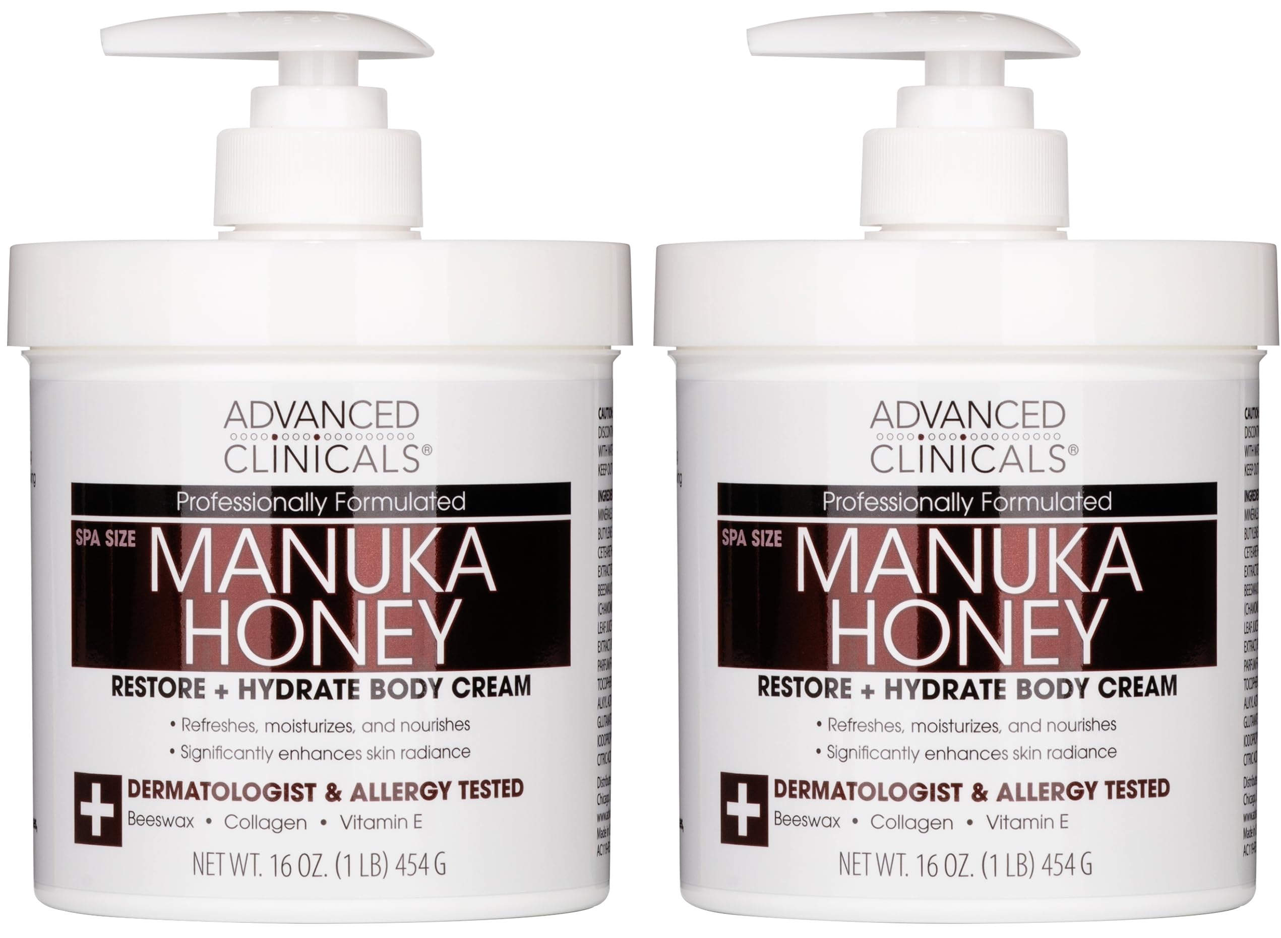 Advanced Clinicals Manuka Honey Body Cream bottle two-pack on display for dry skin care