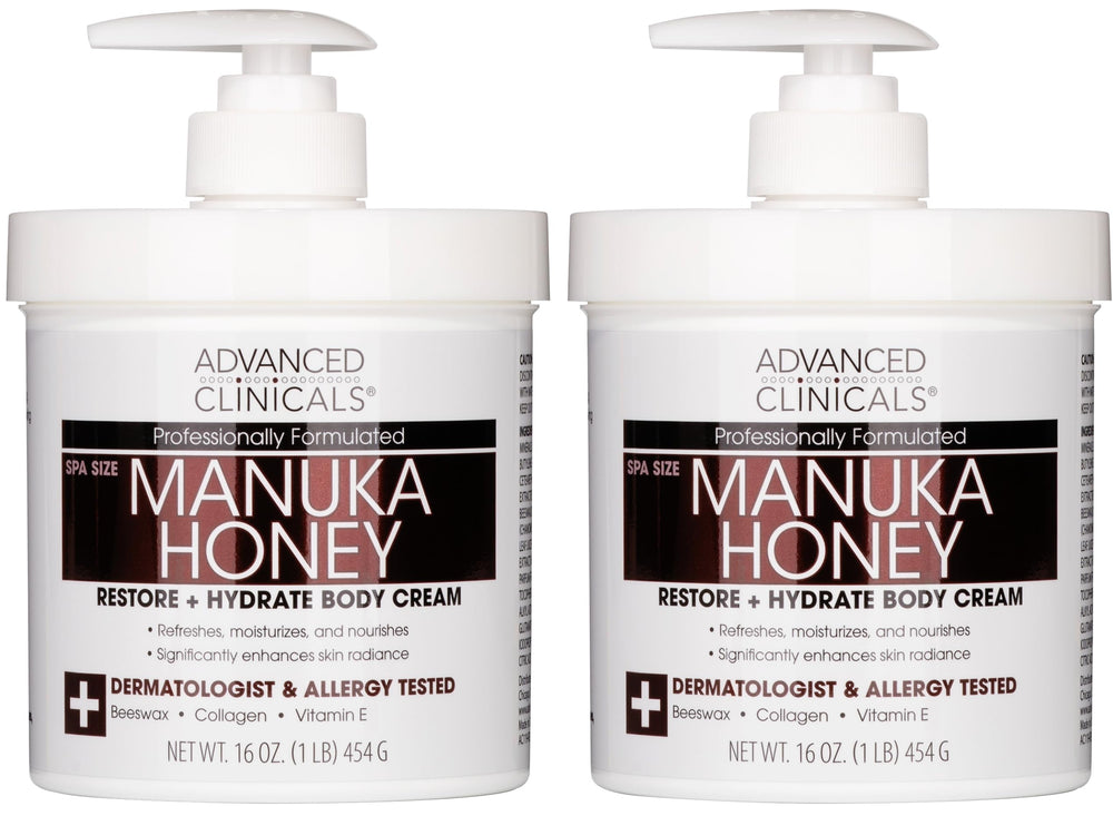 Advanced Clinicals Manuka Honey Body Cream bottle two-pack on display for dry skin care