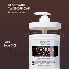 Advanced Clinicals crema corporal Miel de Manuka, aplicación fácil en cuello y hombros para hidratación diaria.