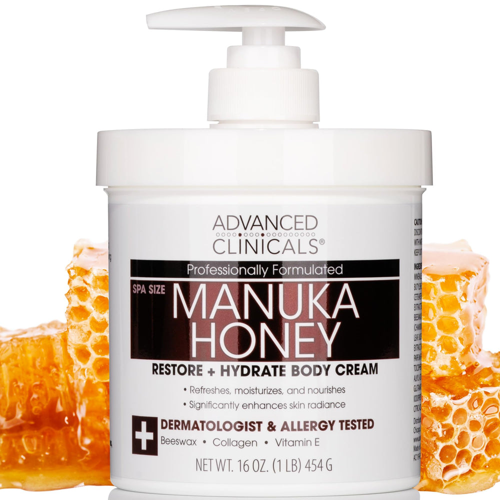 Advanced Clinicals Miel de Manuka crema corporal, botella visible, hidratación profunda para piel seca.