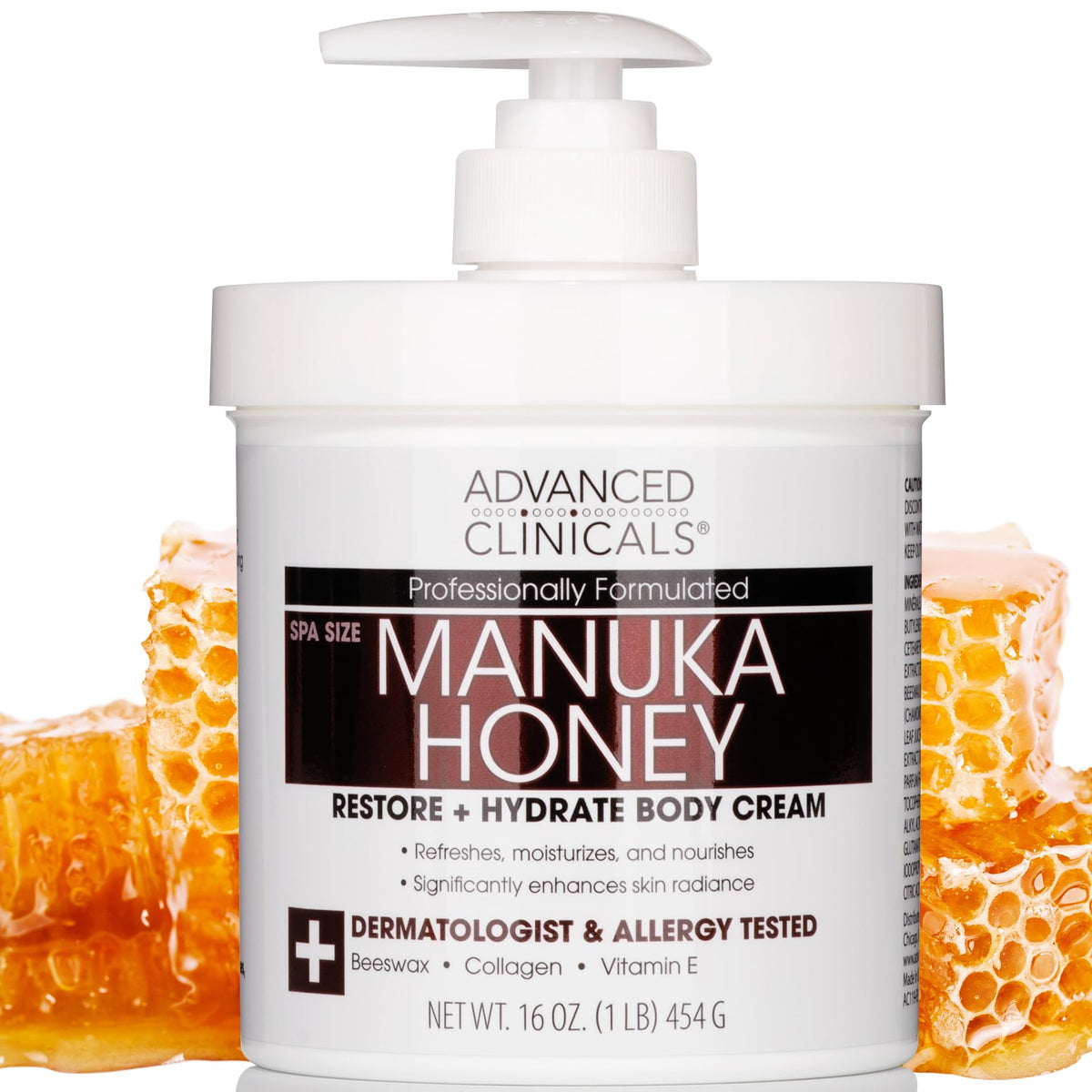 Advanced Clinicals Miel de Manuka crema corporal, botella visible, hidratación profunda para piel seca.