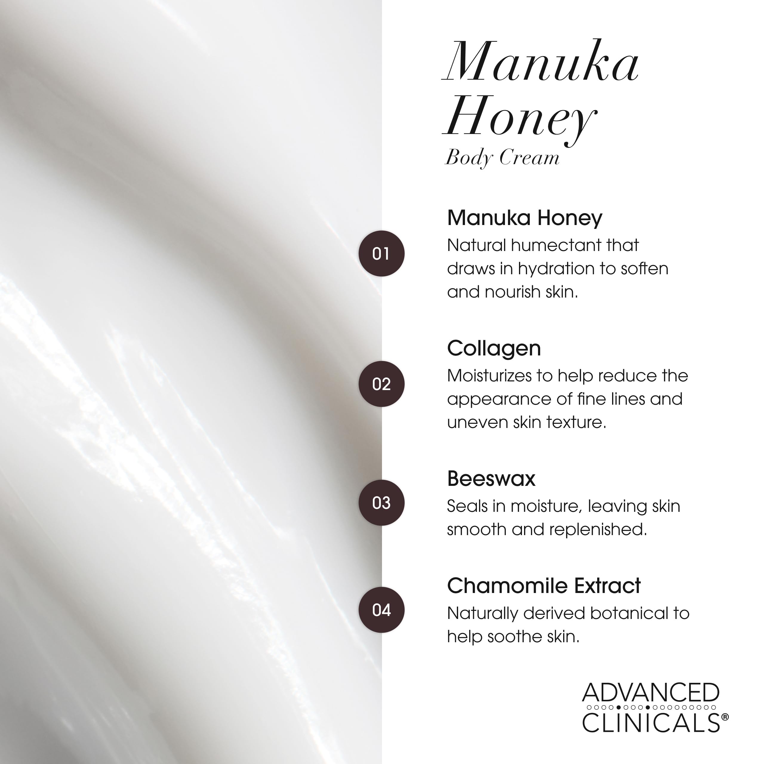 Advanced Clinicals Miel de Manuka crema corporal, ideal para codos y manos secos.