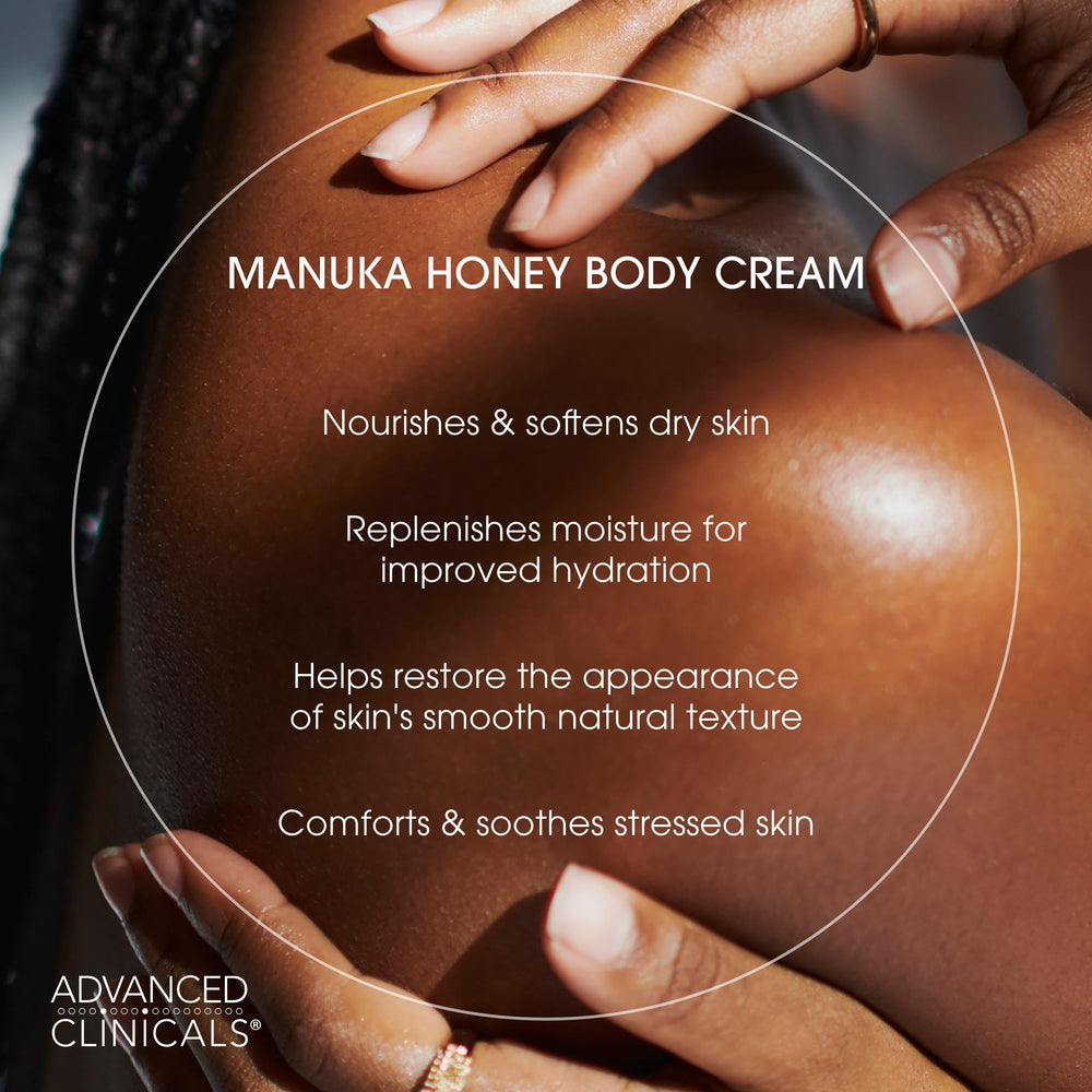 Advanced Clinicals incorpora miel de Manuka, colágeno, vitamina E y cera de abeja para nutrir la piel.
