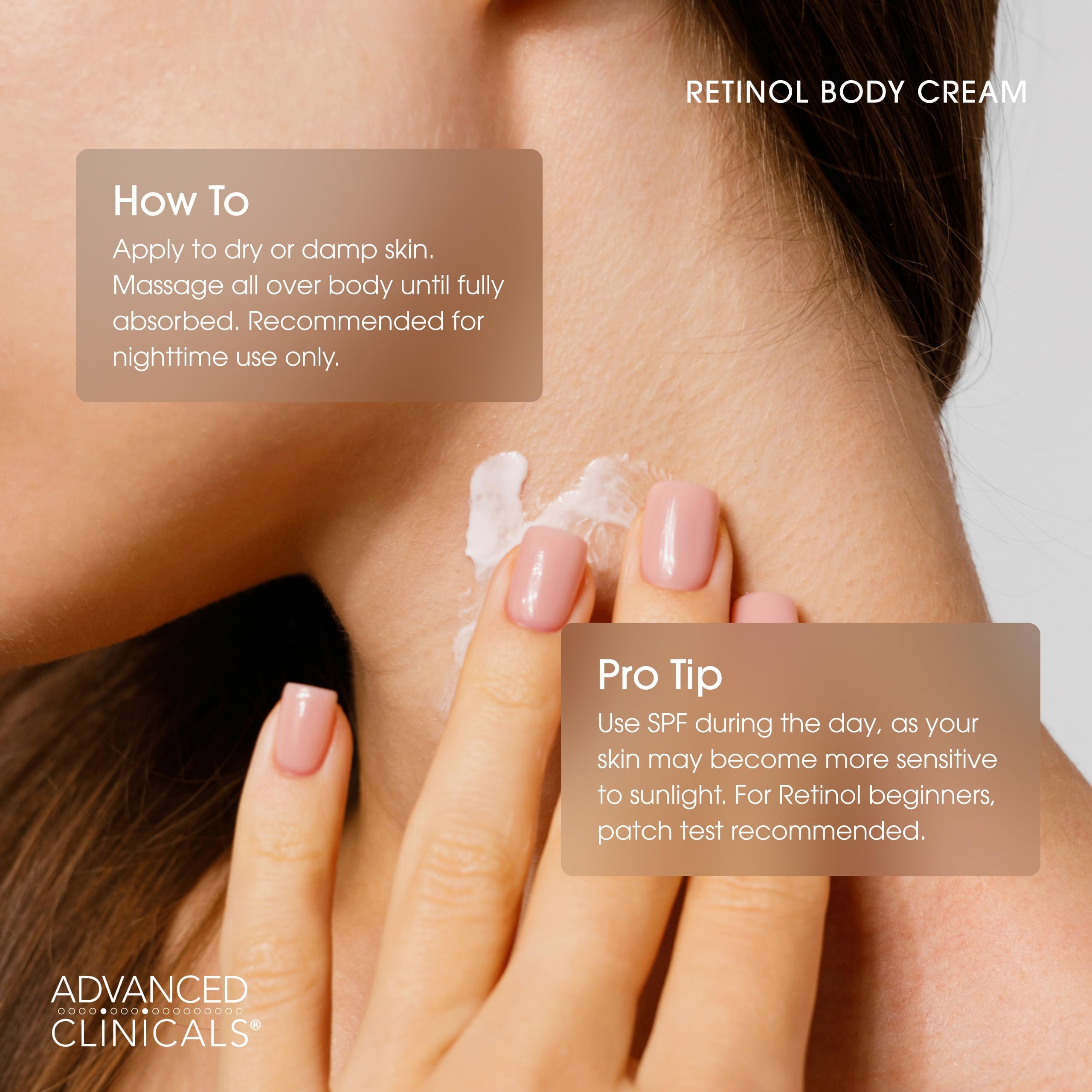 Neck and arms application scene with Advanced Clinicals Retinol Lotion