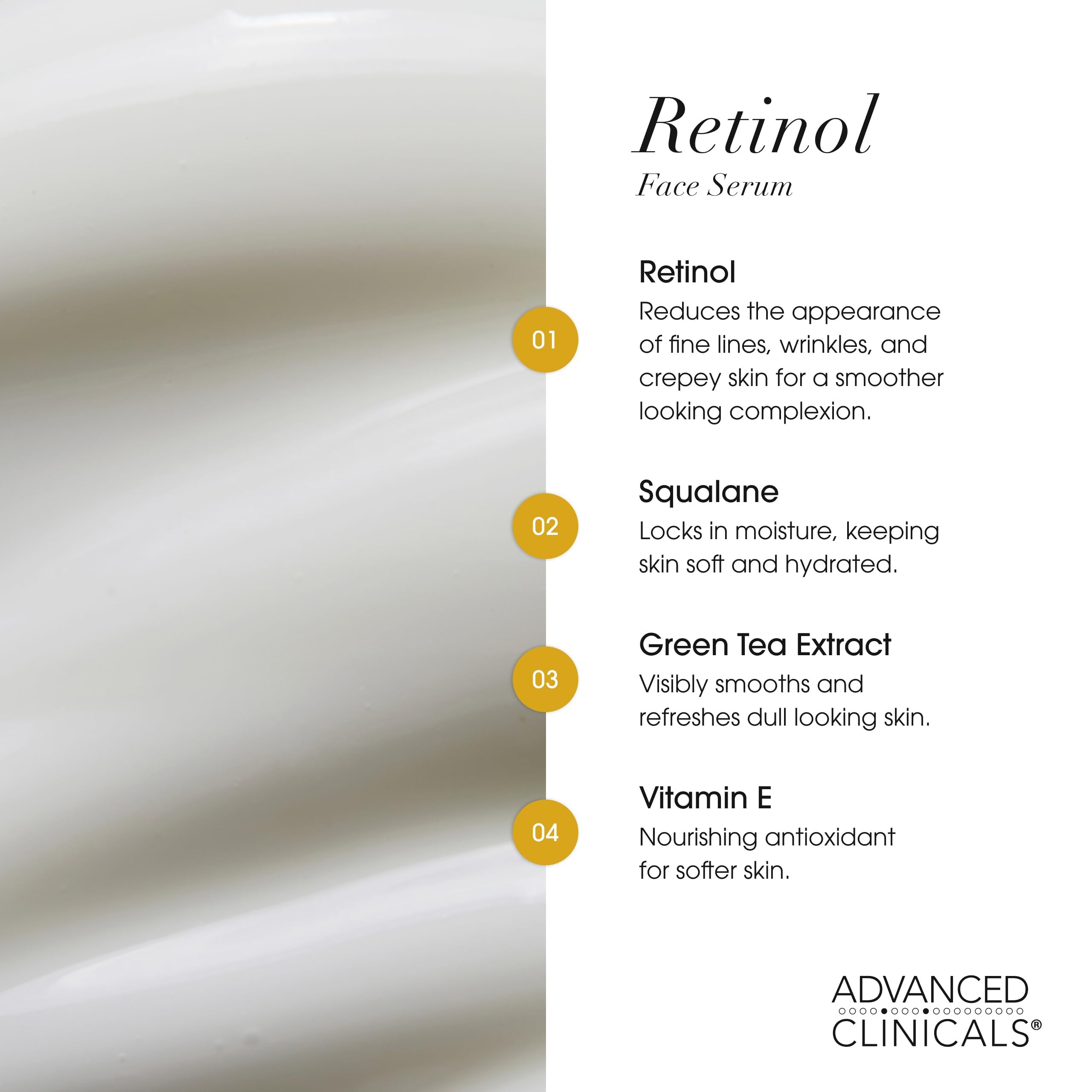 Advanced Clinicals Retinol Serum con té verde y vitamina E, hidratación y tono.