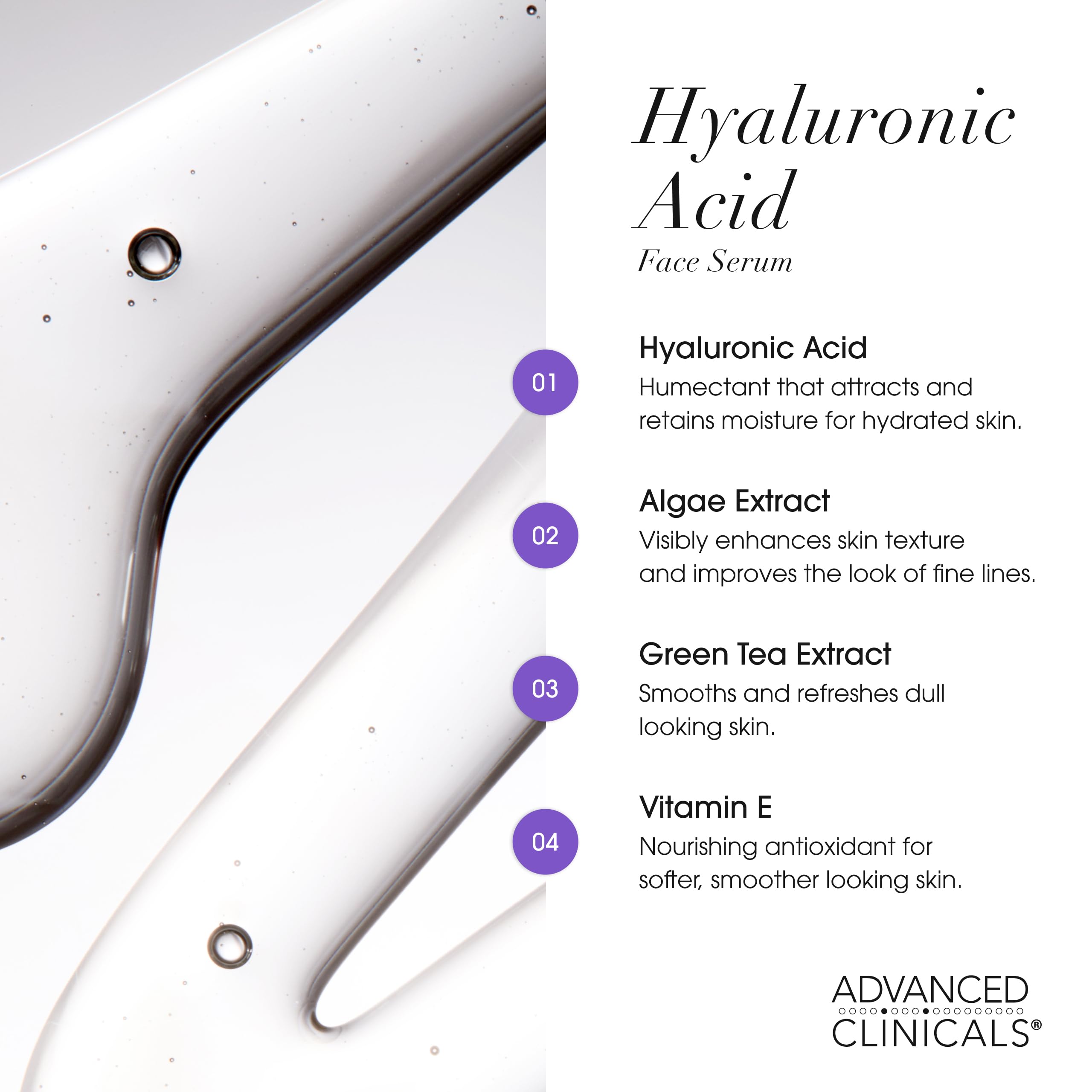 Advanced Clinicals suero hialurónico, aplicación suave en rostro y cuello.