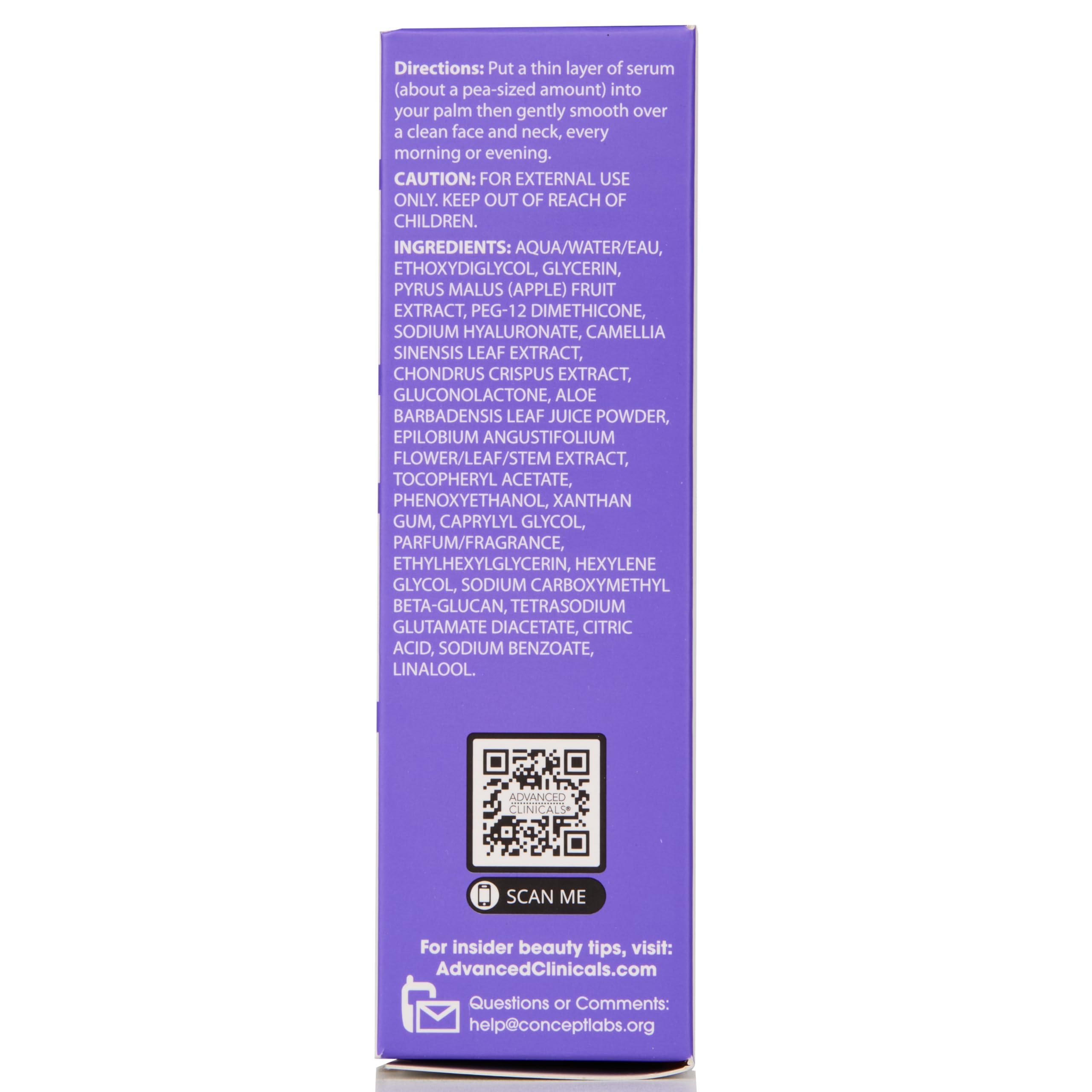 Advanced Clinicals suero hialurónico, uso cotidiano para textura más uniforme.