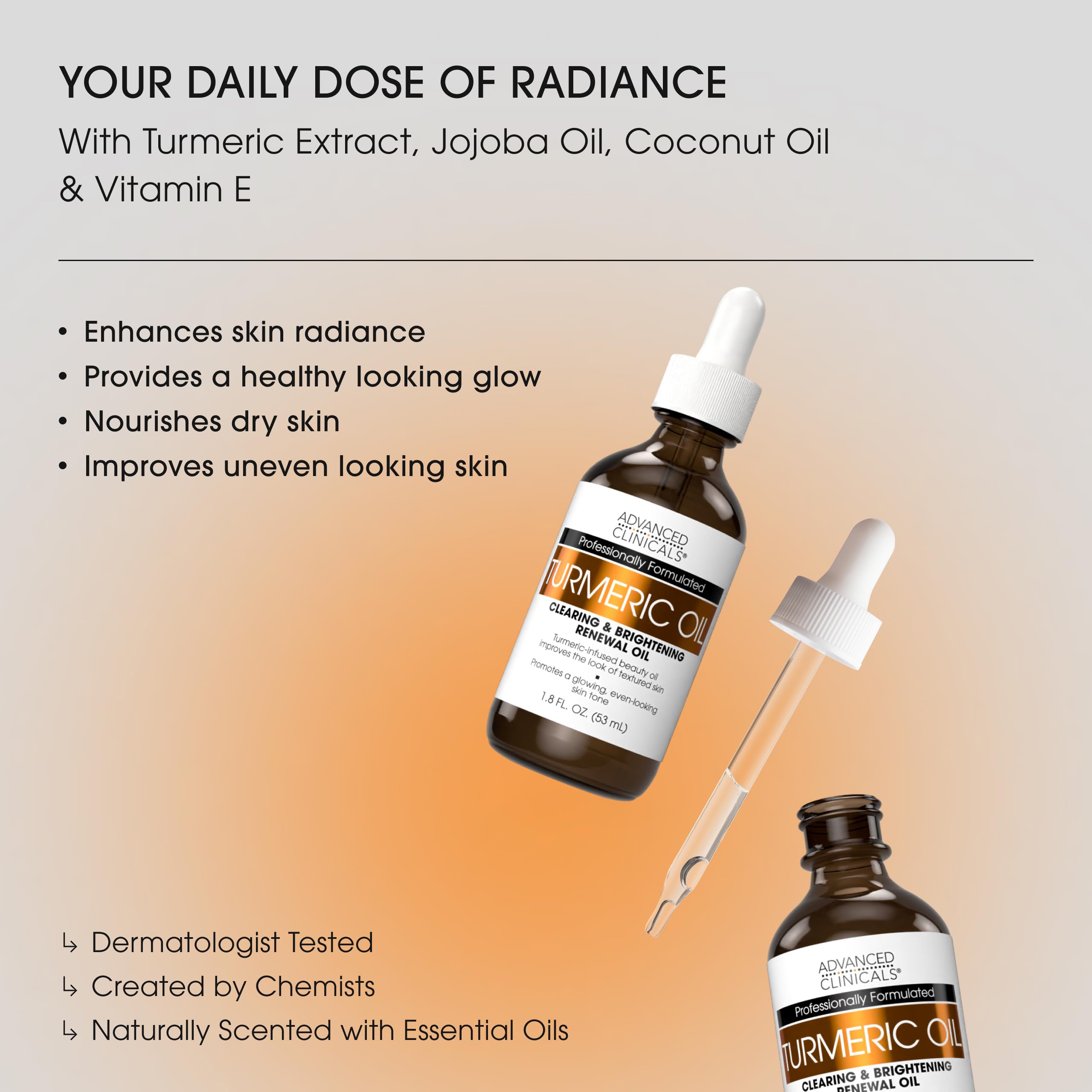 Advanced Clinicals Sérum de Aceite de Cúrcuma, textura-seda para piel suave y luminosa.