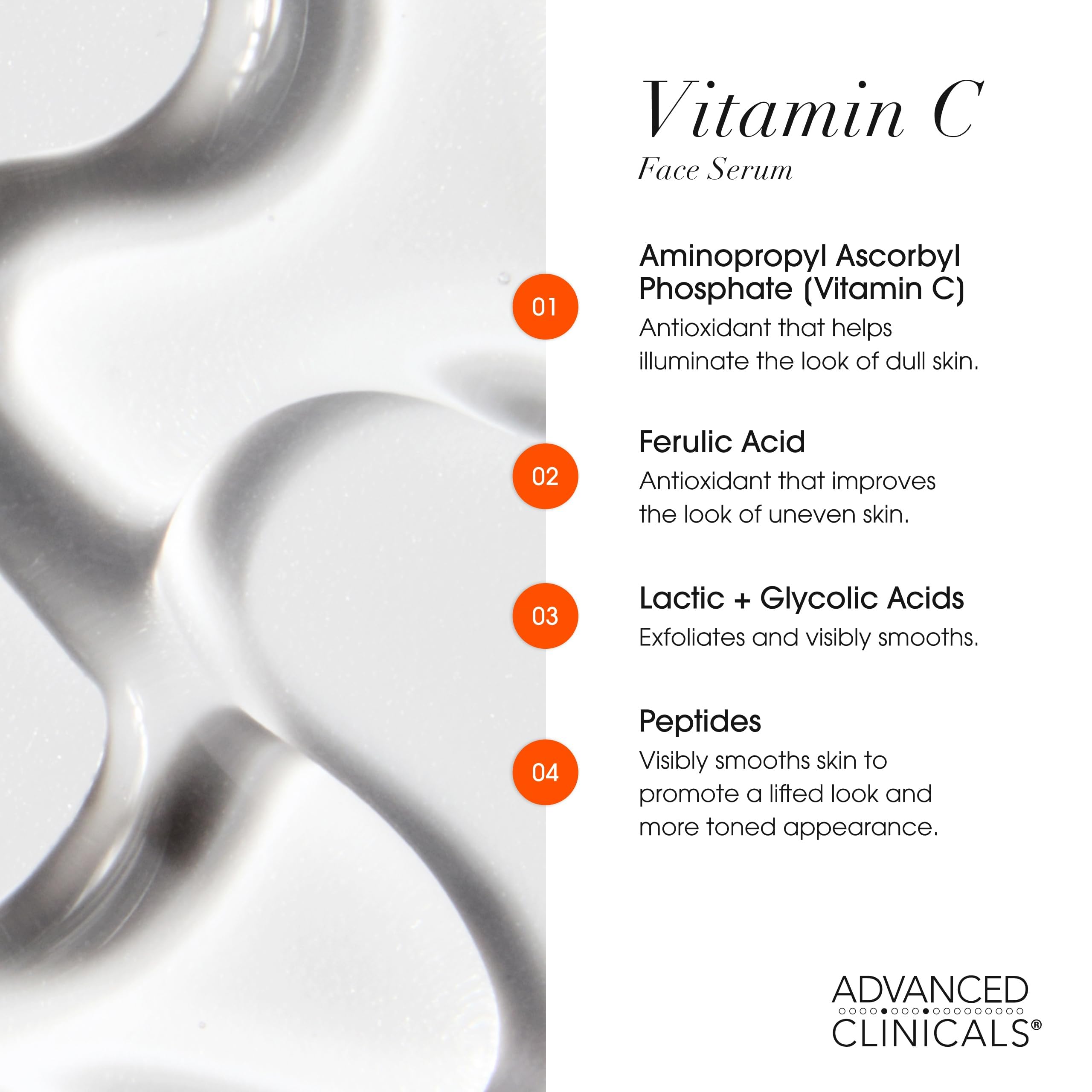 Advanced Clinicals Vitamina C Serum textura gel ligera para iluminar la piel.