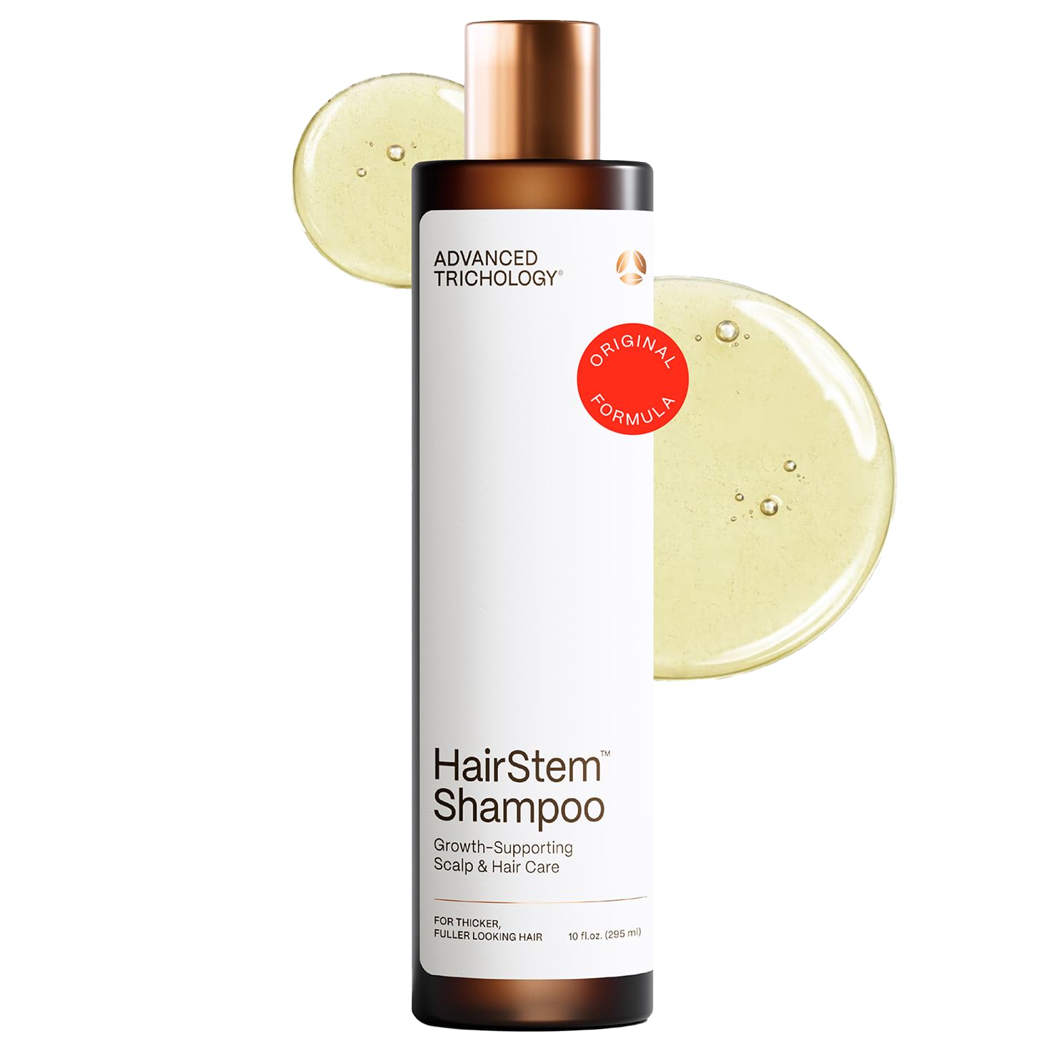 Advanced Trichology HairStem shampoo bottle showcasing biotin and saw palmetto formula.