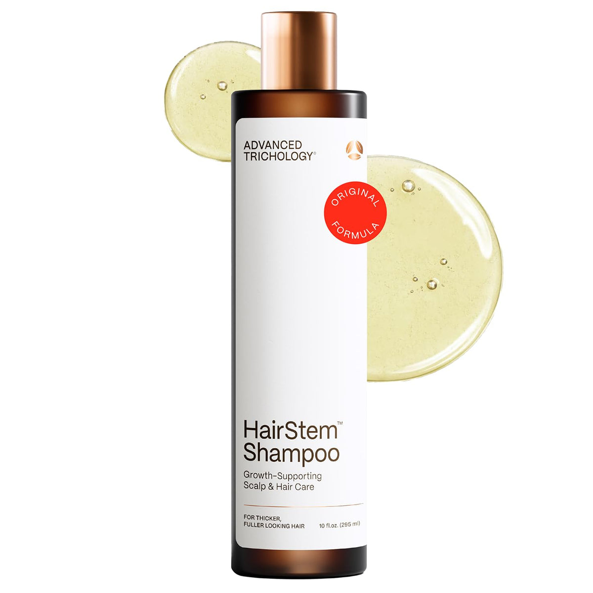 Advanced Trichology HairStem shampoo bottle showcasing biotin and saw palmetto formula.