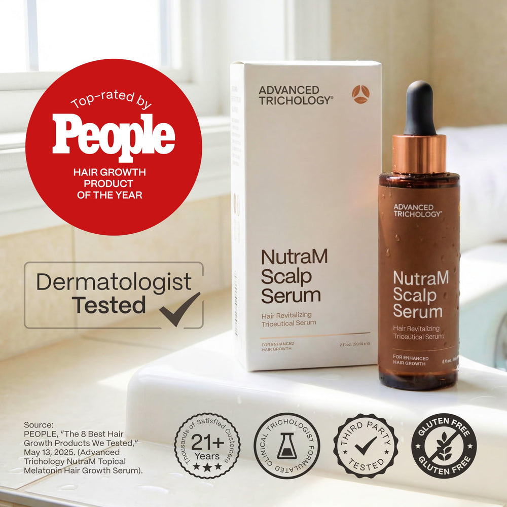 Advanced Trichology NutraM label close-up, dermatologist-tested assurance.