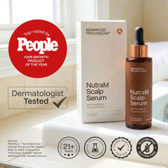 Advanced Trichology NutraM label close-up, dermatologist-tested assurance.