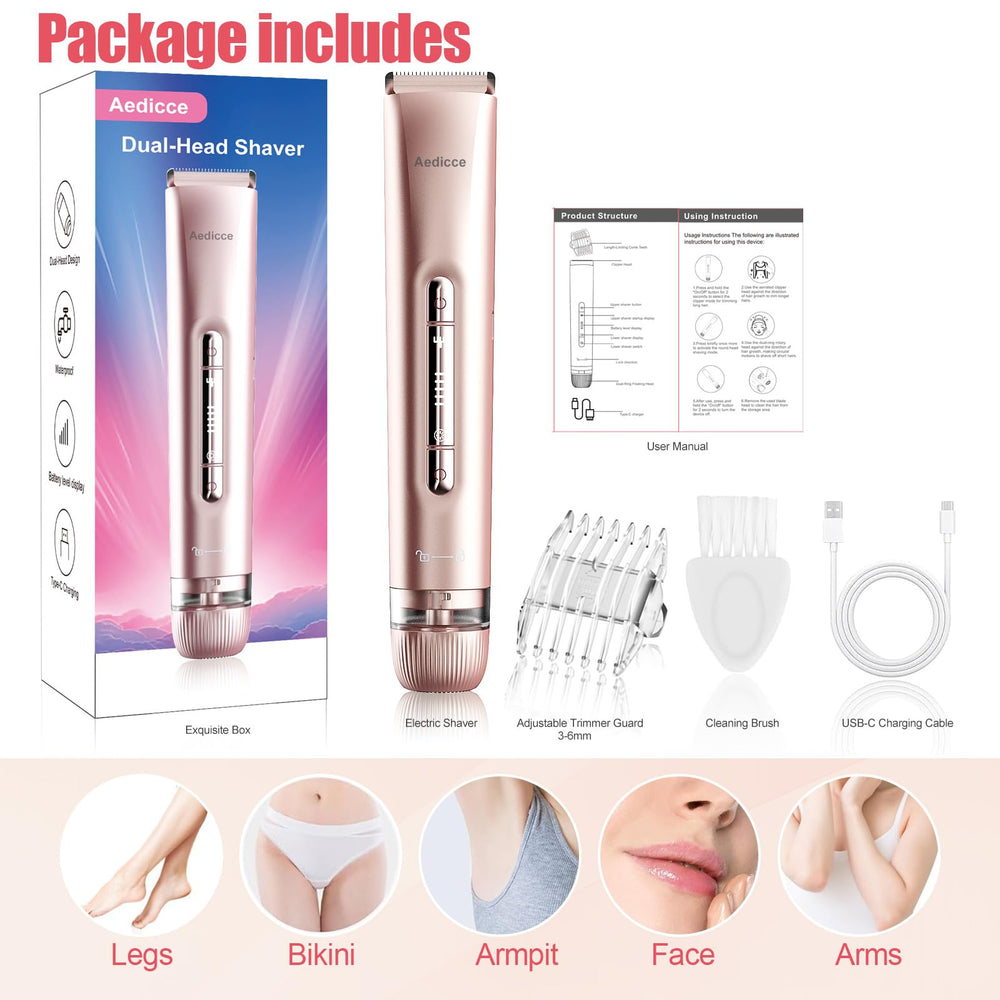 Aedicce Bikini Trimmer packaging box showing contents and 2-in-1 design.