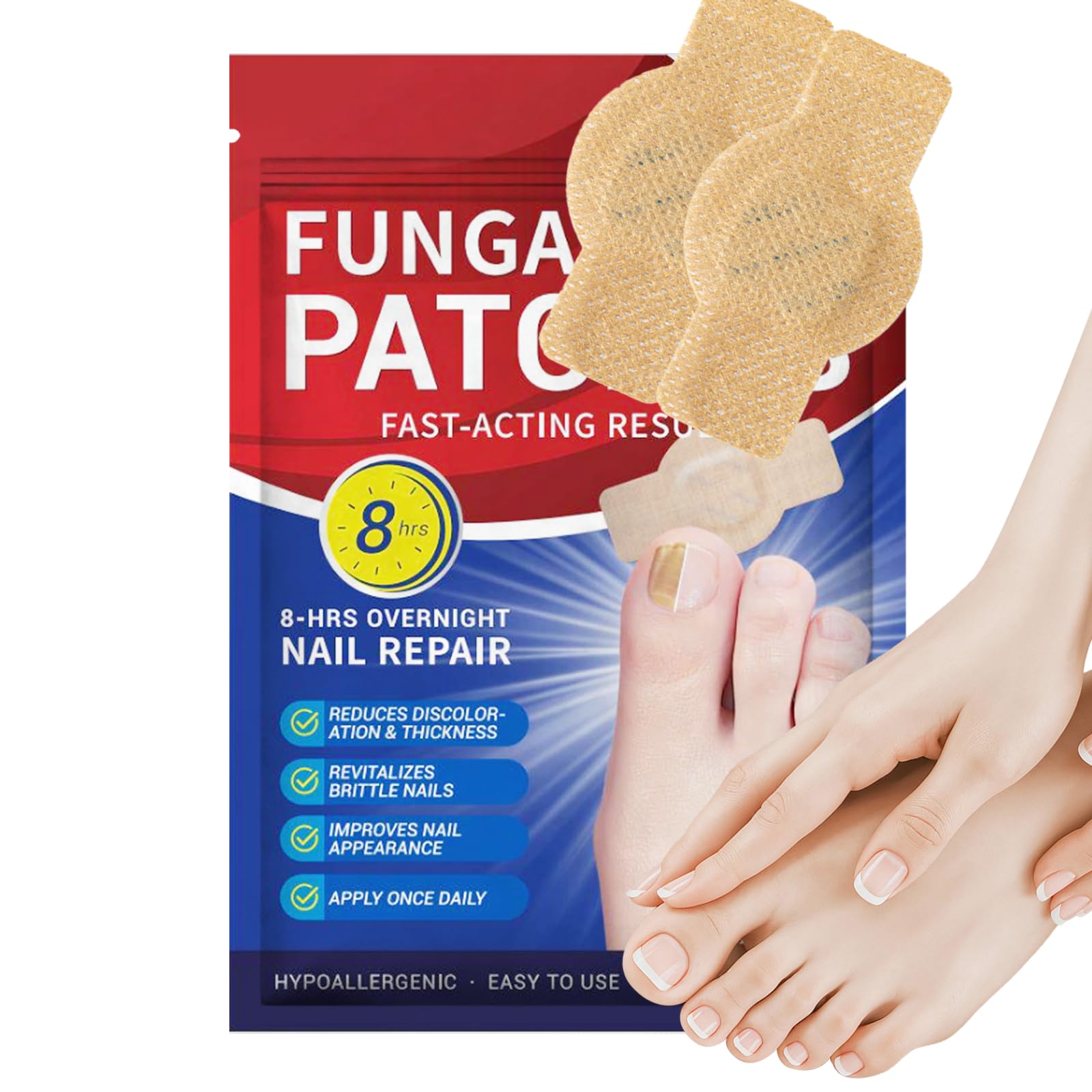 Aedydyce toenail fungus patches shown on nails for discreet daily use