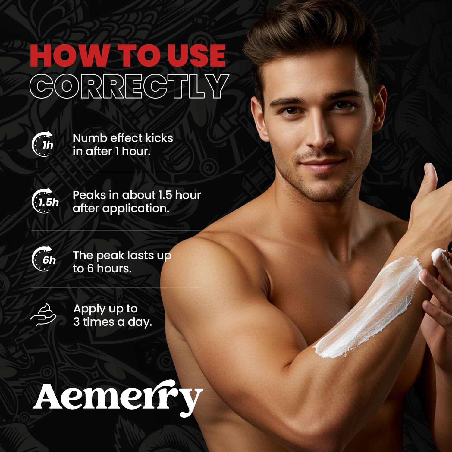 Aemerry Numbing Cream Arnica Emu Oil ingredients close-up suggests soothing skin support.