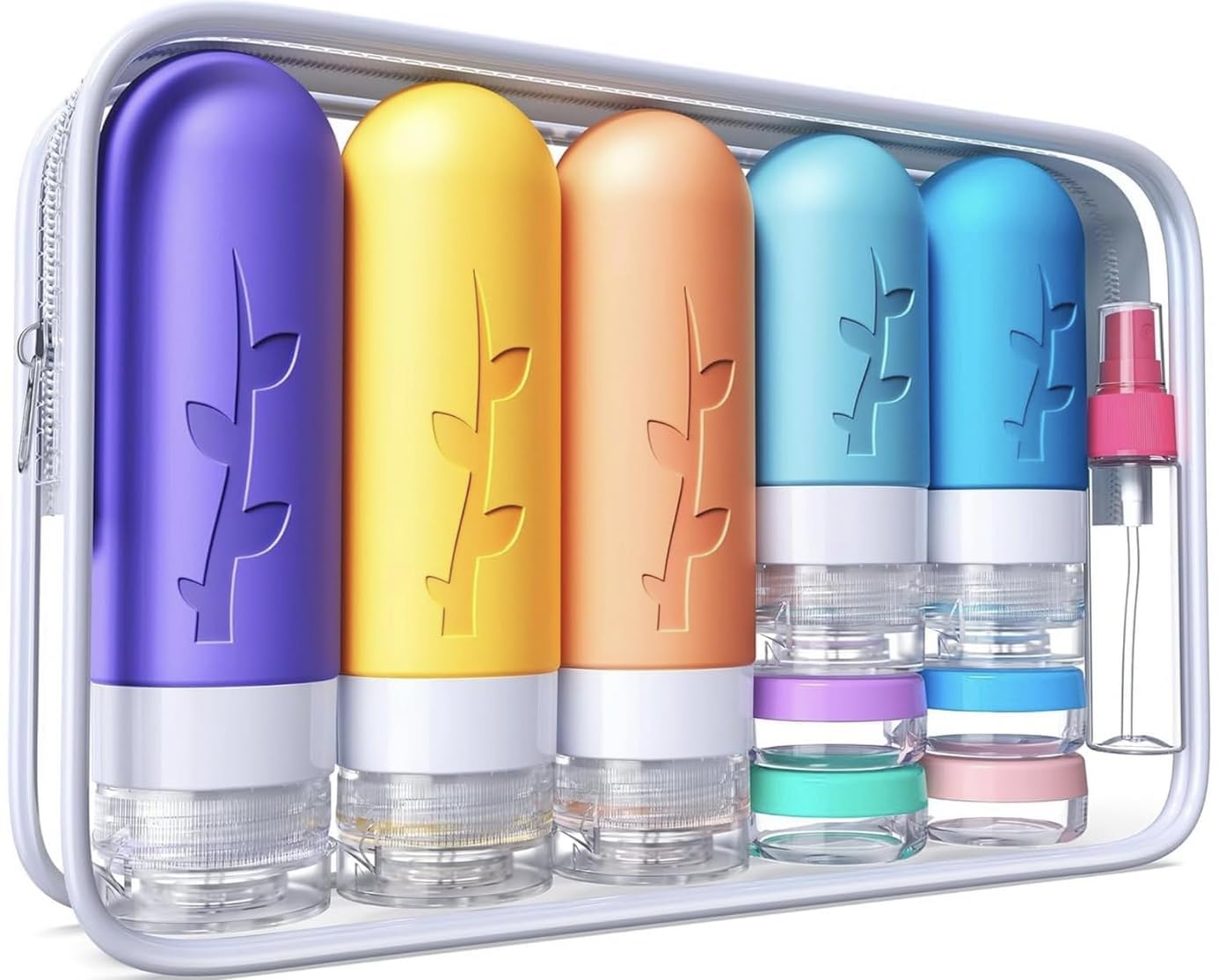 Aeomni 19-pack travel bottles setup for tidy packing and spill-free travel.