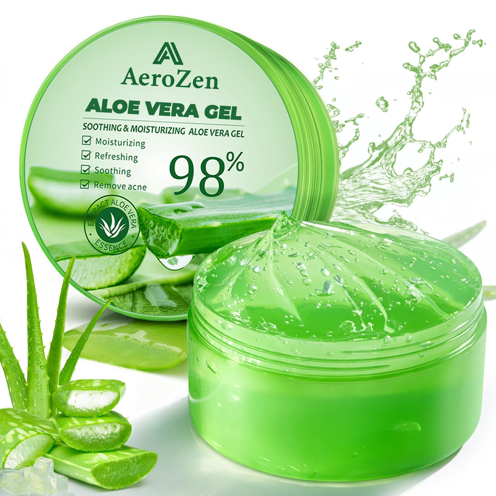 Aero Zen Aloe Gel bottle pouring demonstrates quick hydration for face and body.