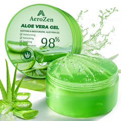 Aero Zen Aloe Gel bottle pouring demonstrates quick hydration for face and body.