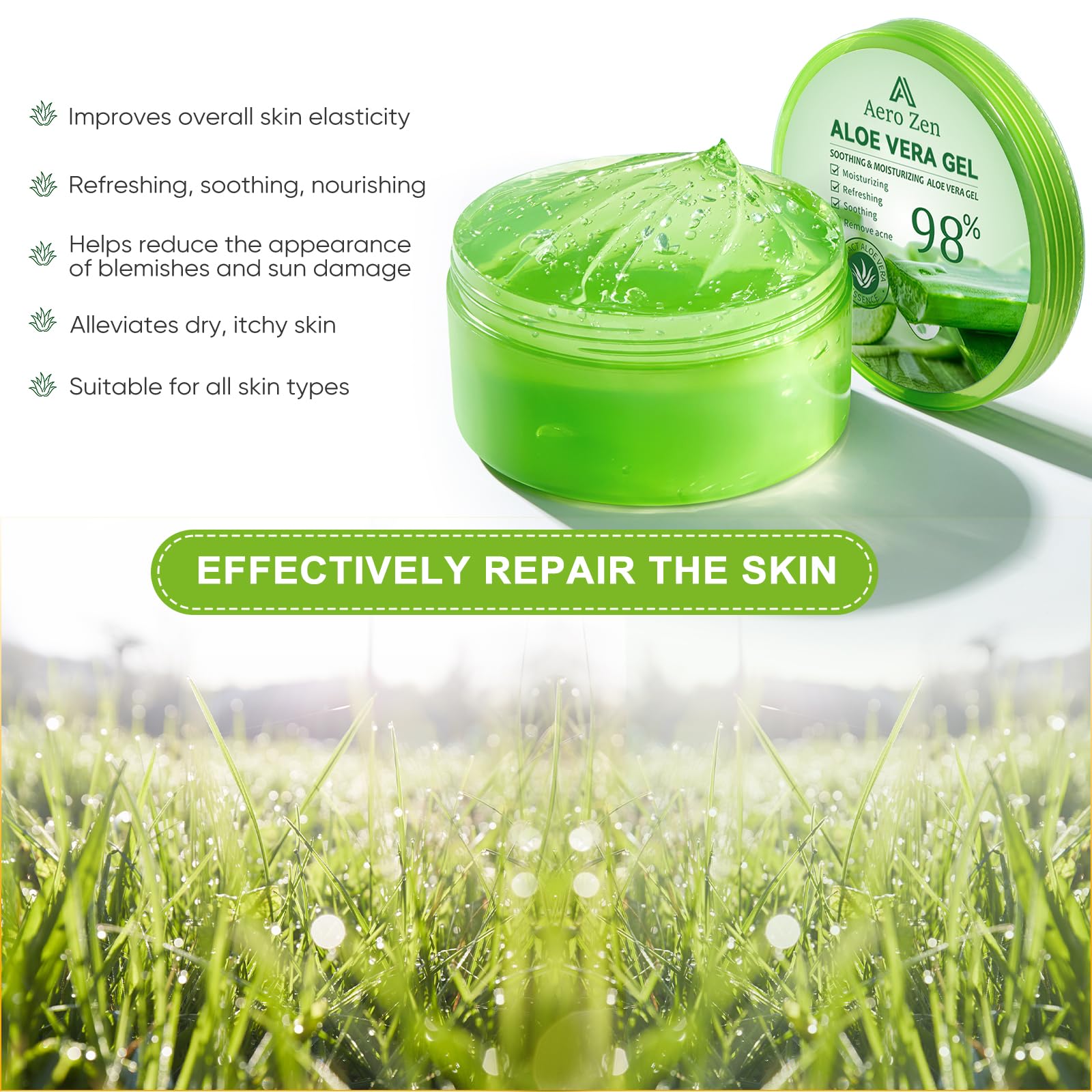 Aero Zen Aloe Gel label front highlights pure ingredients and harvest origin.