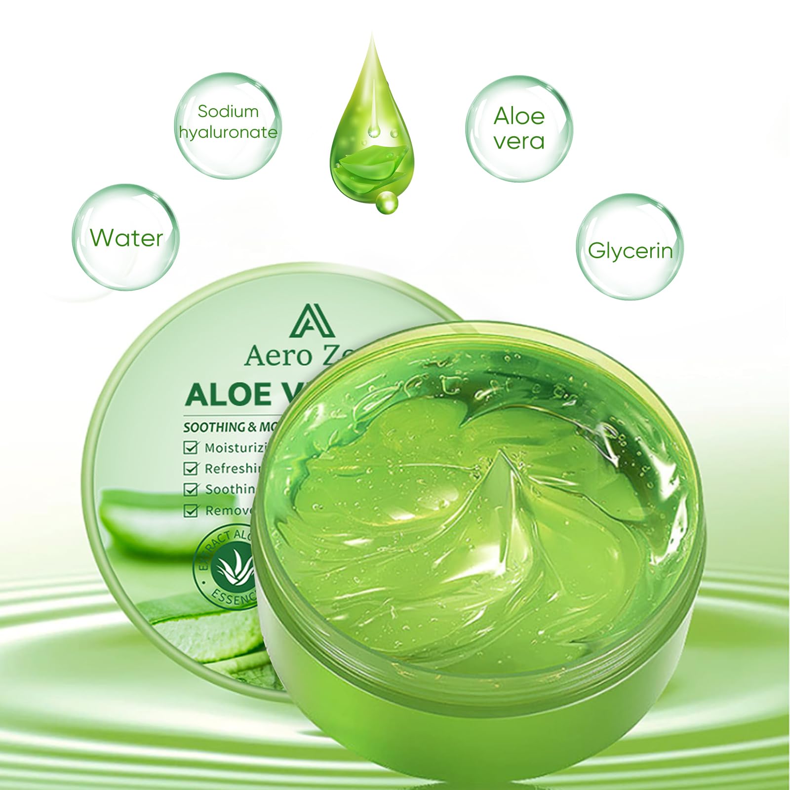 Aero Zen Aloe Gel texture closeup shows light, fast-absorbing consistency.