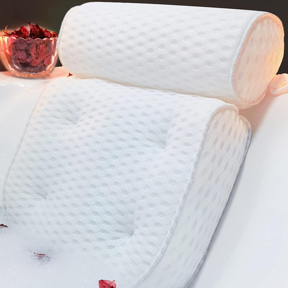 AEROiVi luxury bath pillow on tub edge offering plush neck support.
