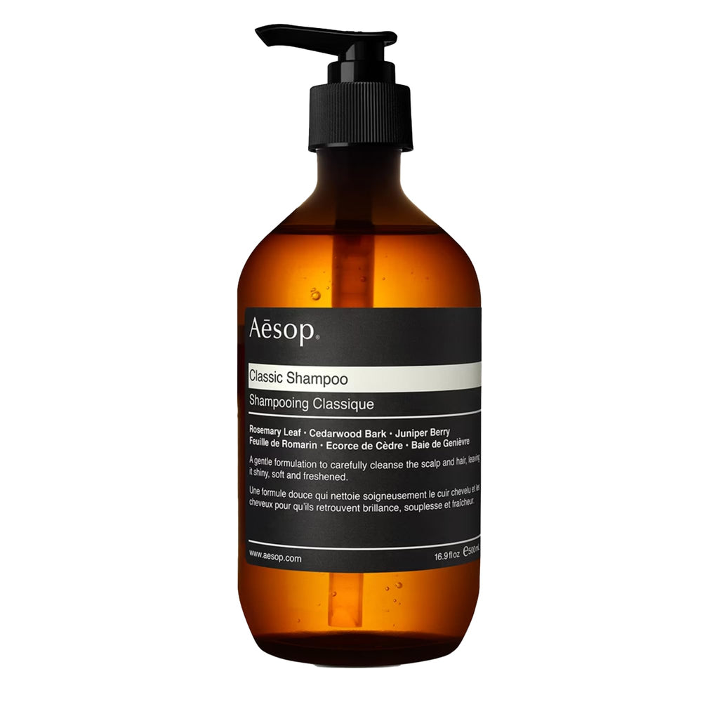 Aesop Classic Shampoo bottle front, showcasing premium design and plant-based cleansing benefits.