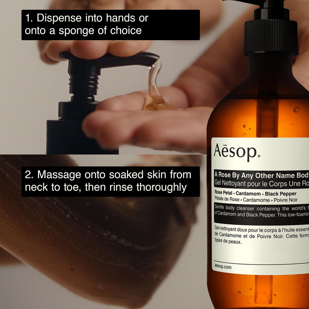 Foamy gel texture of Aesop Rose Cleanser during use.