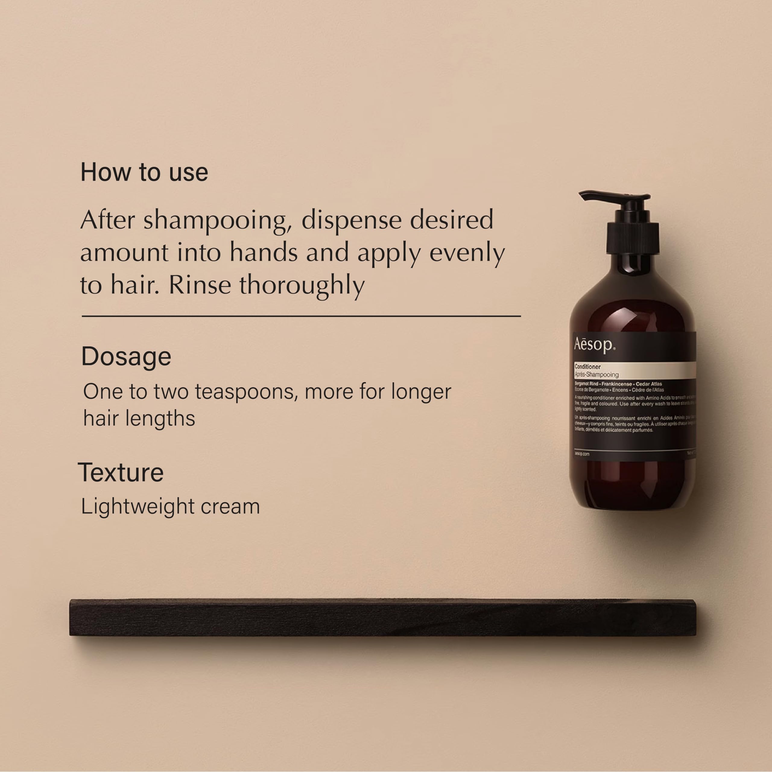 Aesop conditioner pour application shows smoothing action for fine or coloured hair.