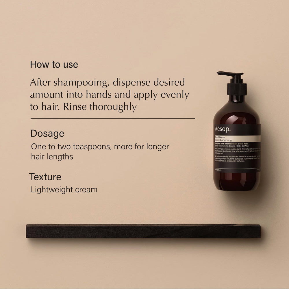 Aesop conditioner pour application shows smoothing action for fine or coloured hair.