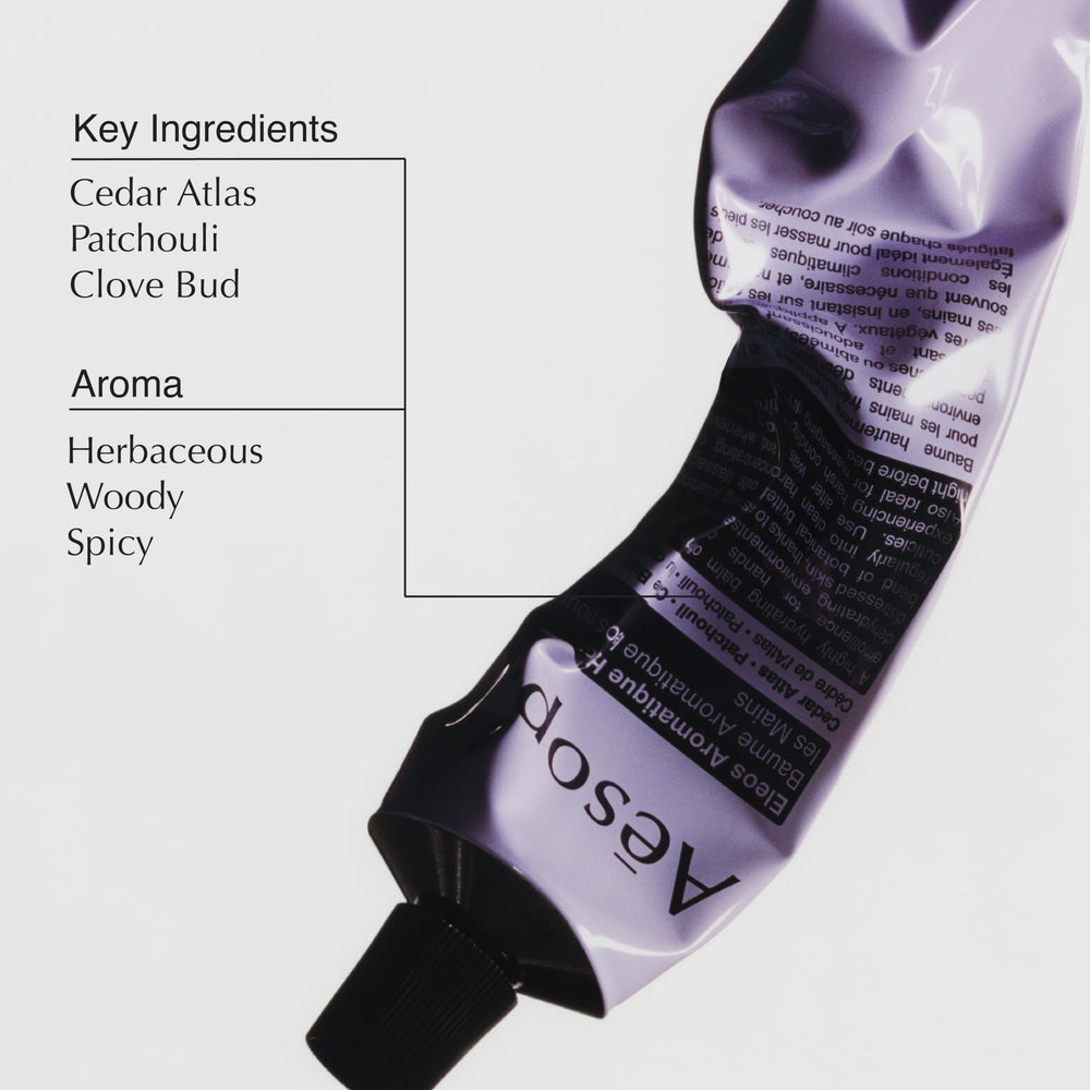 Aesop Eleos ingredients shea butter and coconut oil provide conditioning moisture.