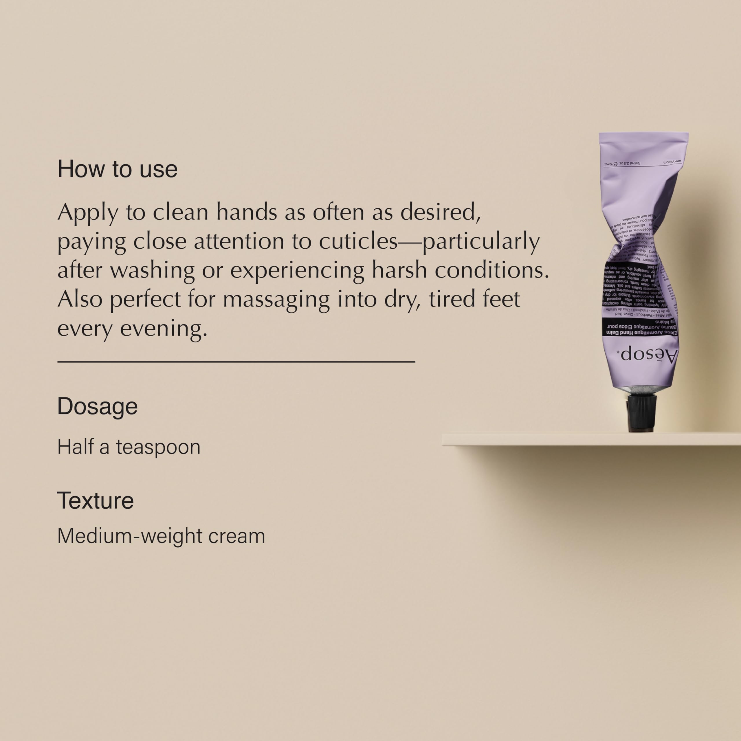 Aesop Eleos balm being applied showing quick absorption and non-greasy finish.