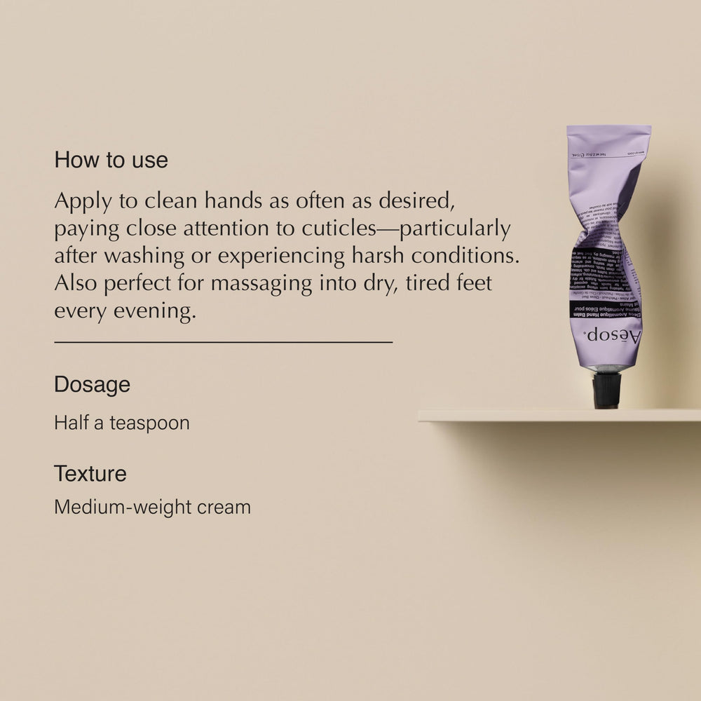 Aesop Eleos balm being applied showing quick absorption and non-greasy finish.