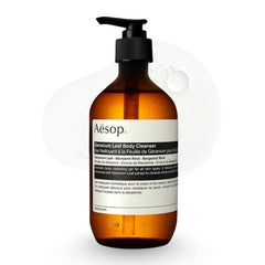 Aesop Geranium Leaf Body Cleanser bottle for a refreshing daily cleanse.